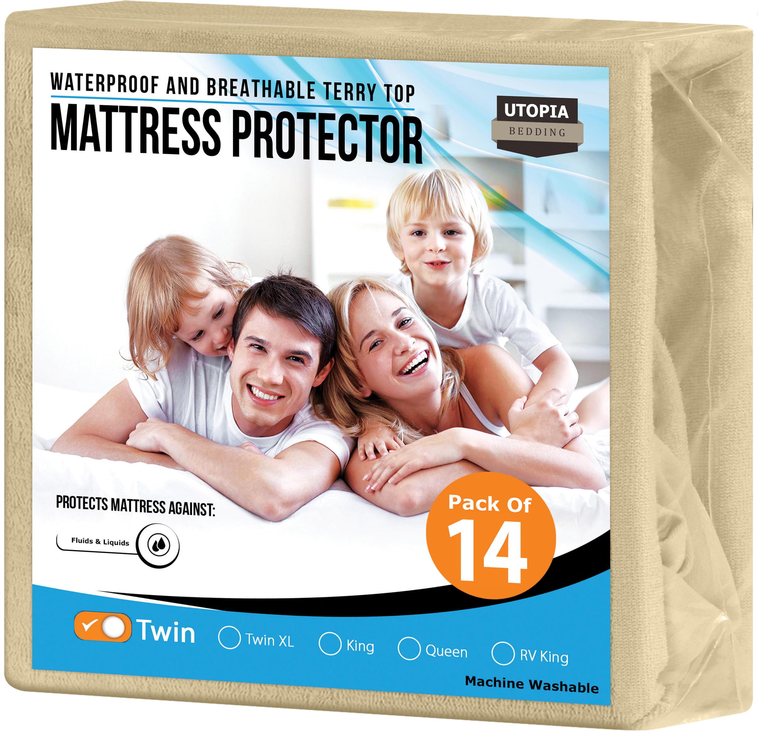 Utopia Bedding Waterproof Mattress Protector Twin Size (Pack of 14), Premium Terry Mattress Cover 200 GSM, Breathable, Fitted Style with Stretchable Pockets (Beige)