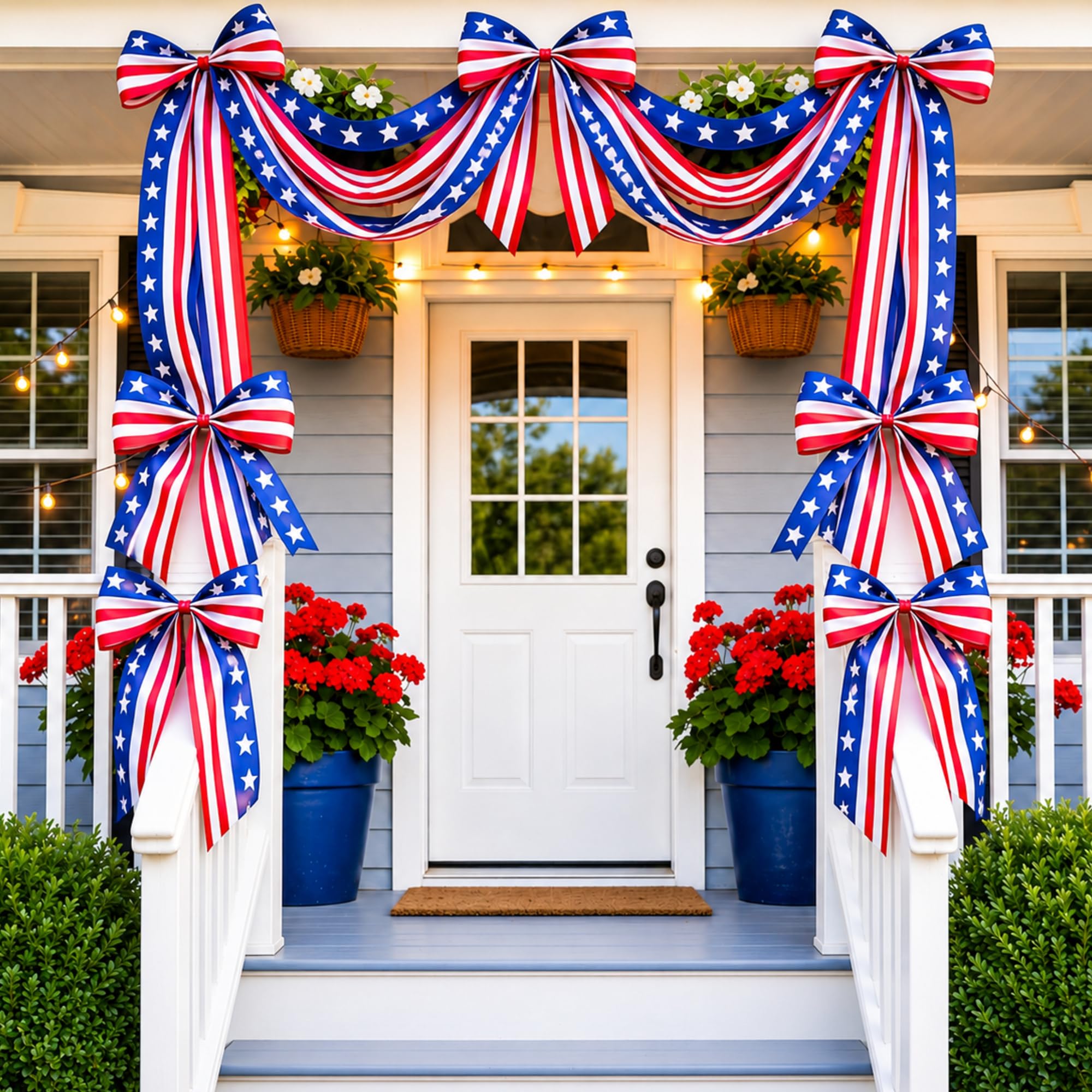 Photo 1 of Knitgrip 10ft Patriotic Red White and Blue Outdoor Decorations Bunting Bow Garland with 4th of July 4 Large Bows Patriotic Porch Decor American Flag 250th Banner for Independence Day Wall Stair