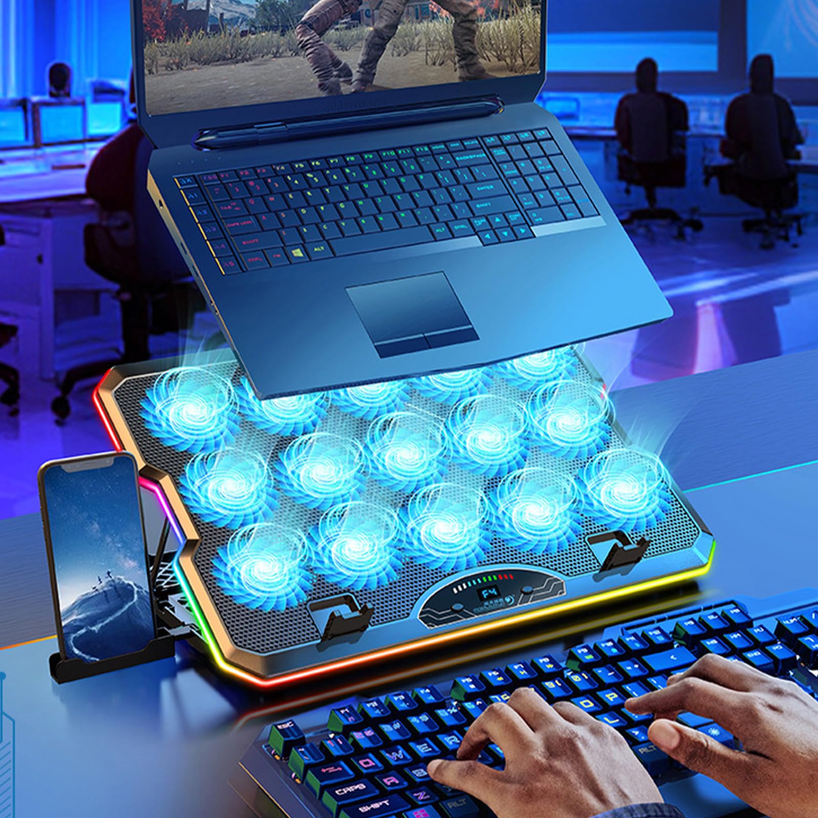 Stojak chłodzący laptopa do gier, cichy i lekki wentylator, regulowany uchwyt na laptopa 12,1-17,3 cala, uchwyt portu USB.