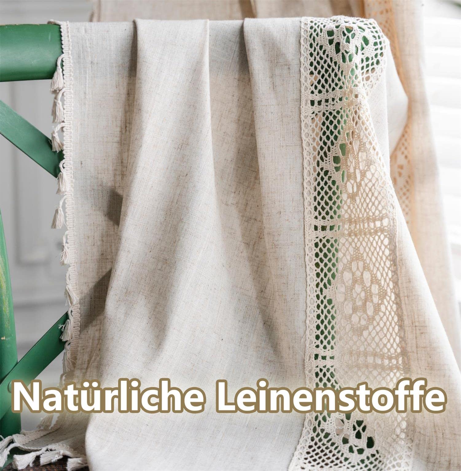 Vorhang Boho Leinen Vorhänge Beige Blickdicht Makramee Gardinen mit Quasten und Häkeln Stricken Vertikale Streifen Deko für Wohnzimmer Schlafzimmer Esszimmer, 1 Stück, B150xH175cm