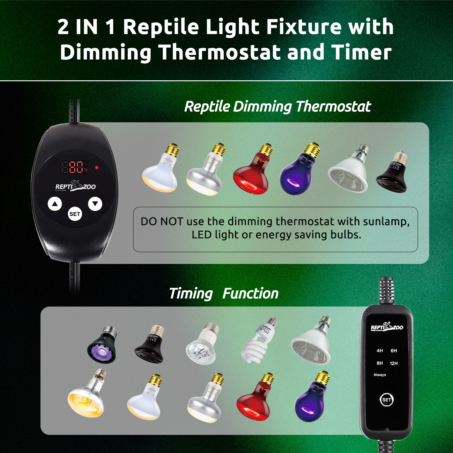 REPTIZOO Dual Reptile Light Fixture with Dimming Thermostat and Timer Deep Dome Lamp Fixture with Independent Reptile Dimming Thermostat Heat Bulb Temperature Controller and Timing Function Pet Suppli...
