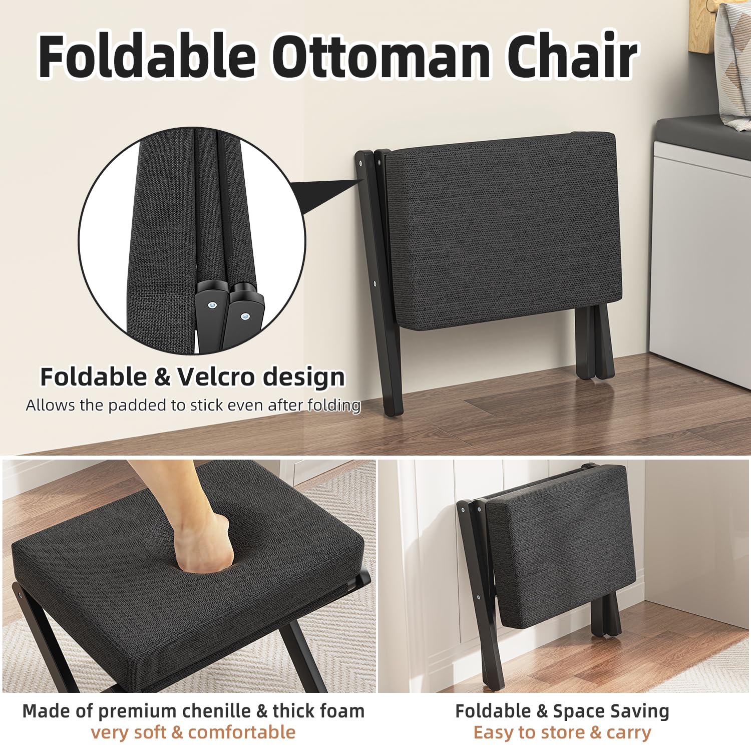 BAMBOOHOMIE Makeup Eitelkeit Hocker, Faltbarer Fußhocker mit Bambus X Beinen, Ottoman Fußstütze Stuhl für Vanity, Moderne Fußhocker klein gepolstert für Wohnzimmer (Schwarz - Schwarz)