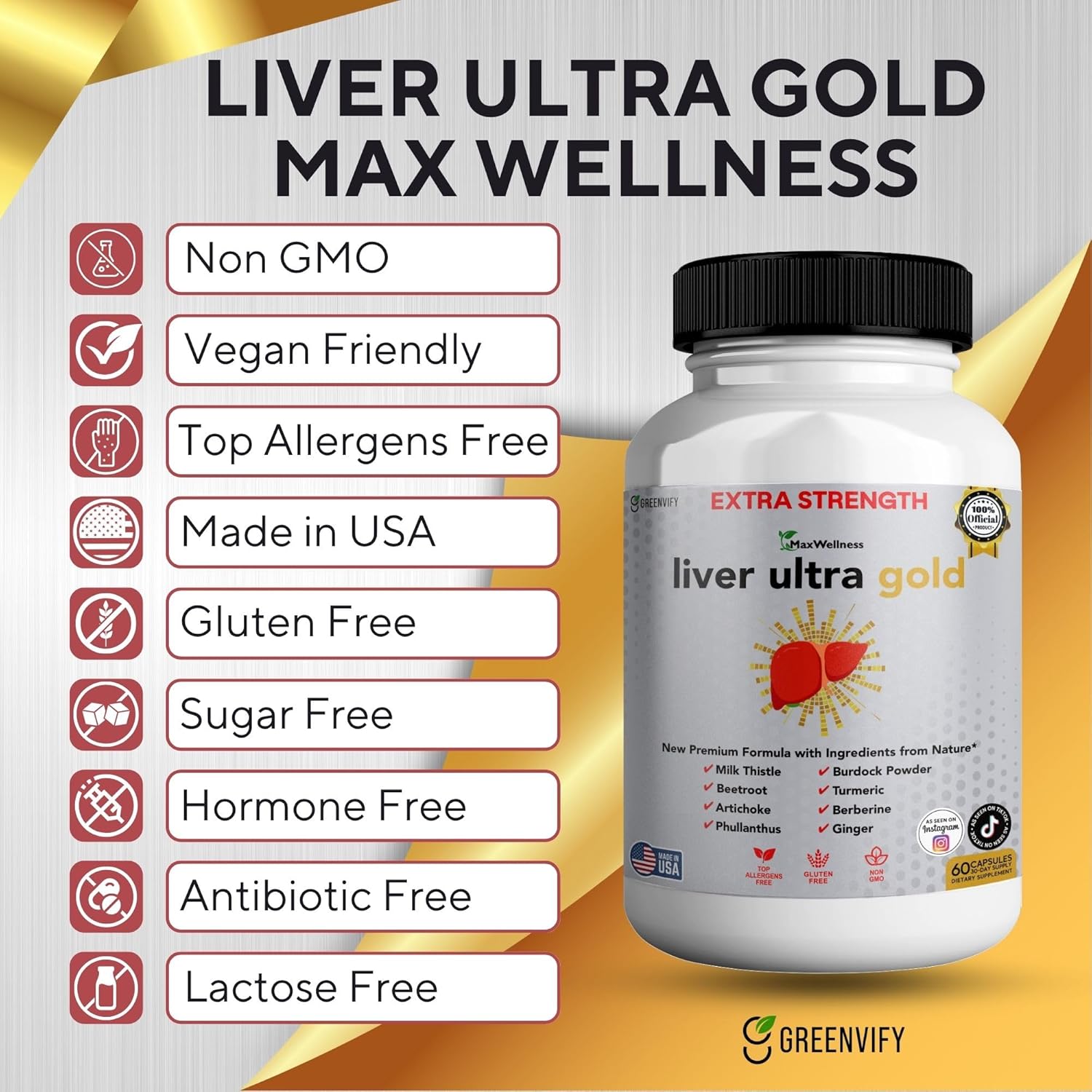 Liver Ultra Gold Extra Strength Supplement, 60 Veggie Capsules, Natural Liver Support with Milk Thistle, Beetroot, Artichoke, 30 Day Supply (2)