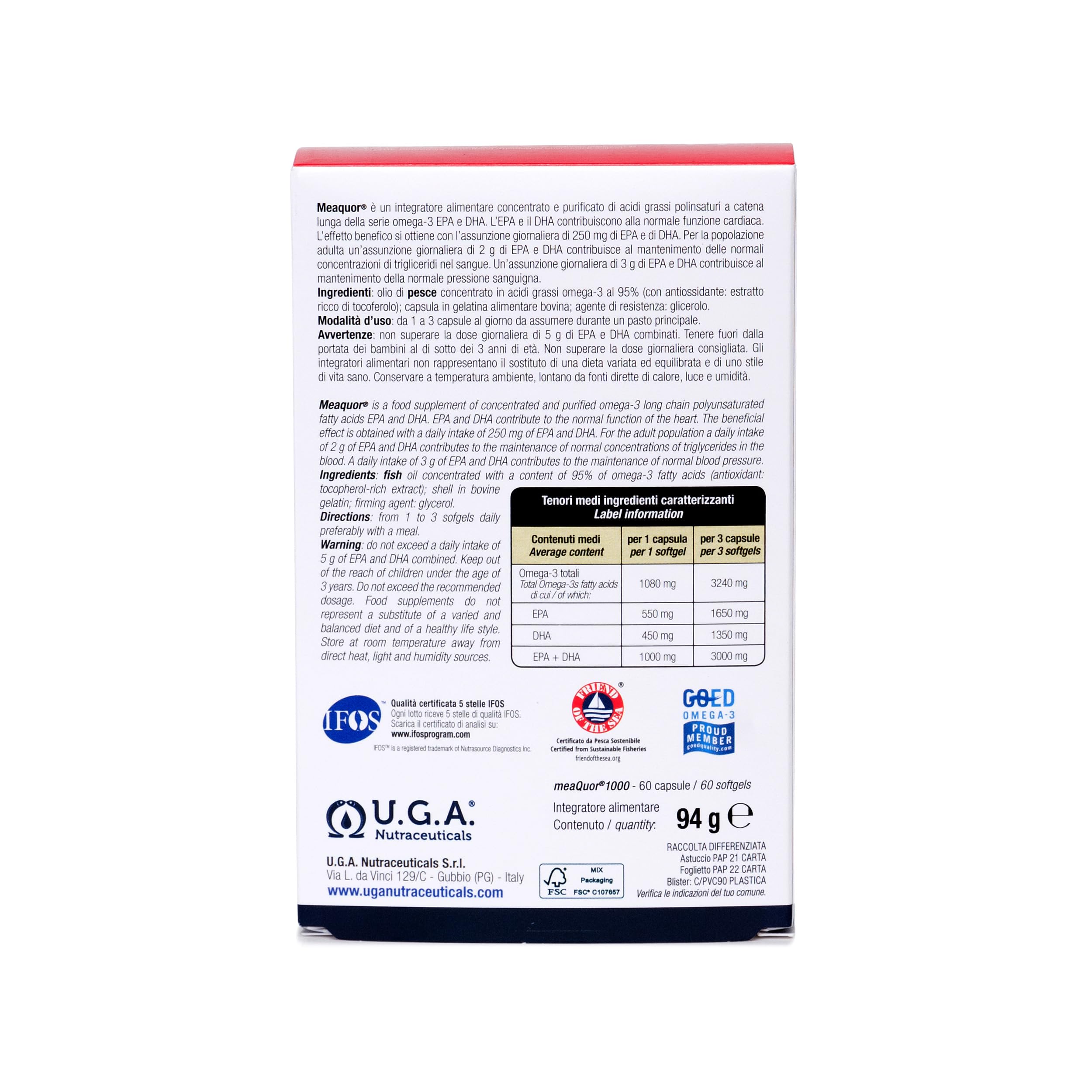 Meaquor 1000 – Fischöl Kapseln mit 95 % Omega 3 Fettsäuren – Nahrungsergänzungsmittel mit EPA & DHA – IFOS-zertifiziert, frei von Schwermetallen & Schadstoffen – 60 Kapseln