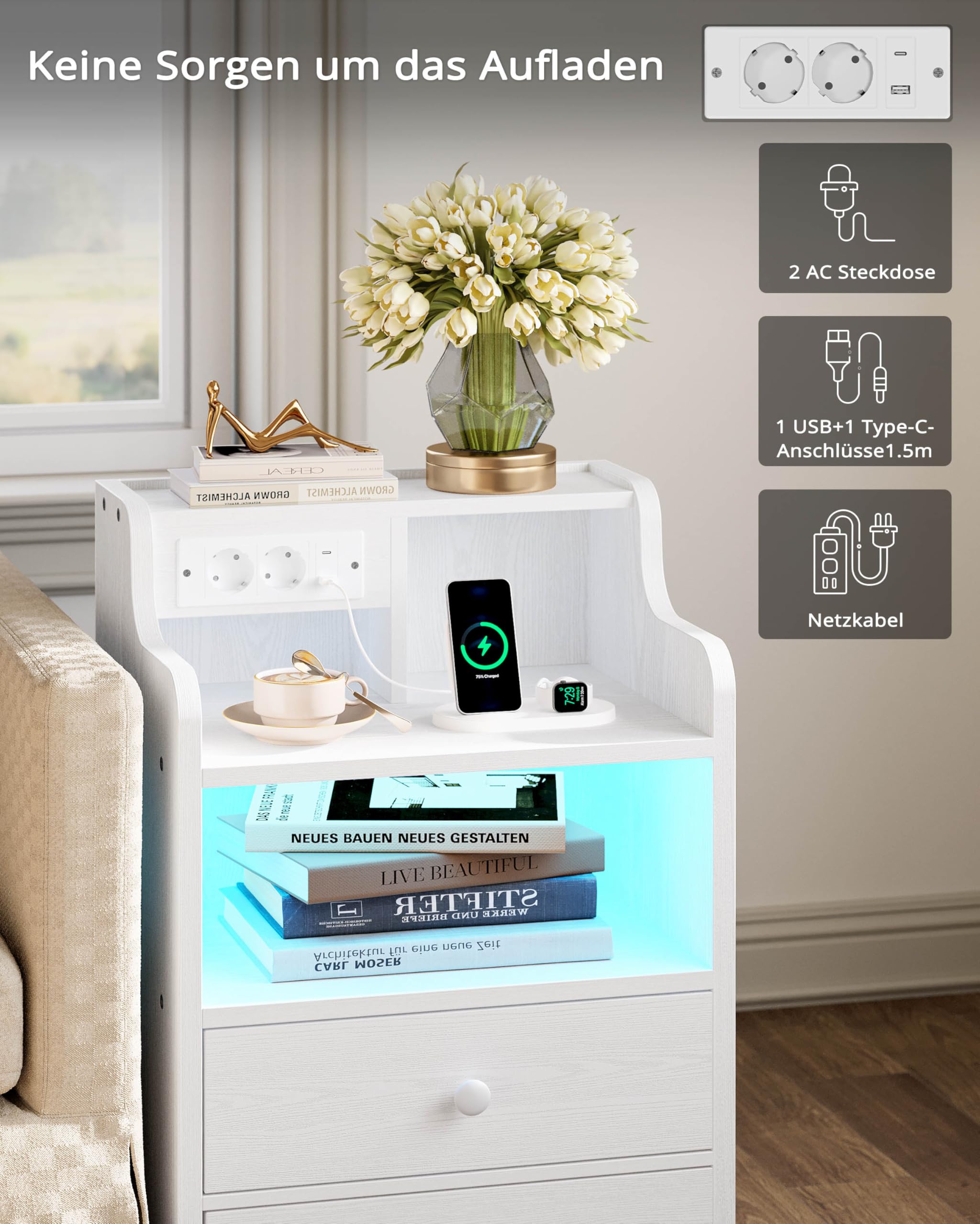 IRONCK Nachttisch LED mit Steckdose und Ladefunktion, Beistelltisch Holz, Nachtschrank mit 2 AC, 1 USB& 1 Type-C Anschlüsse, Sofatisch mit 2 Schubladen, Nachtkästchen Wohnzimmer,Schlafzimmer, Weiß