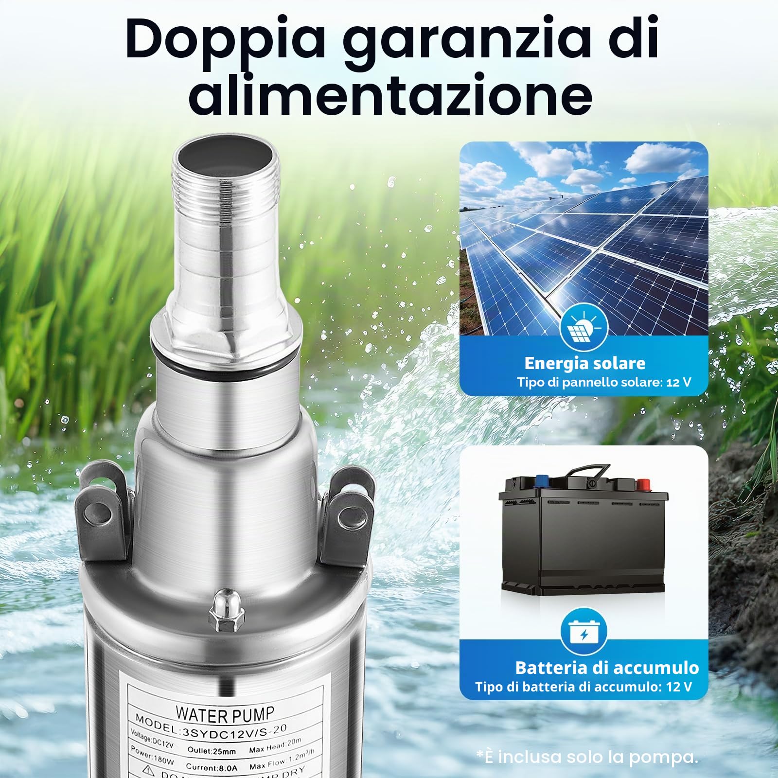 Pompa dell'acqua DC in acciaio inox, pompa da giardino, pompa per pozzi profondi, pompa per pozzi, pompa sommergibile 1,2 m³/h, 12 V, 180 W