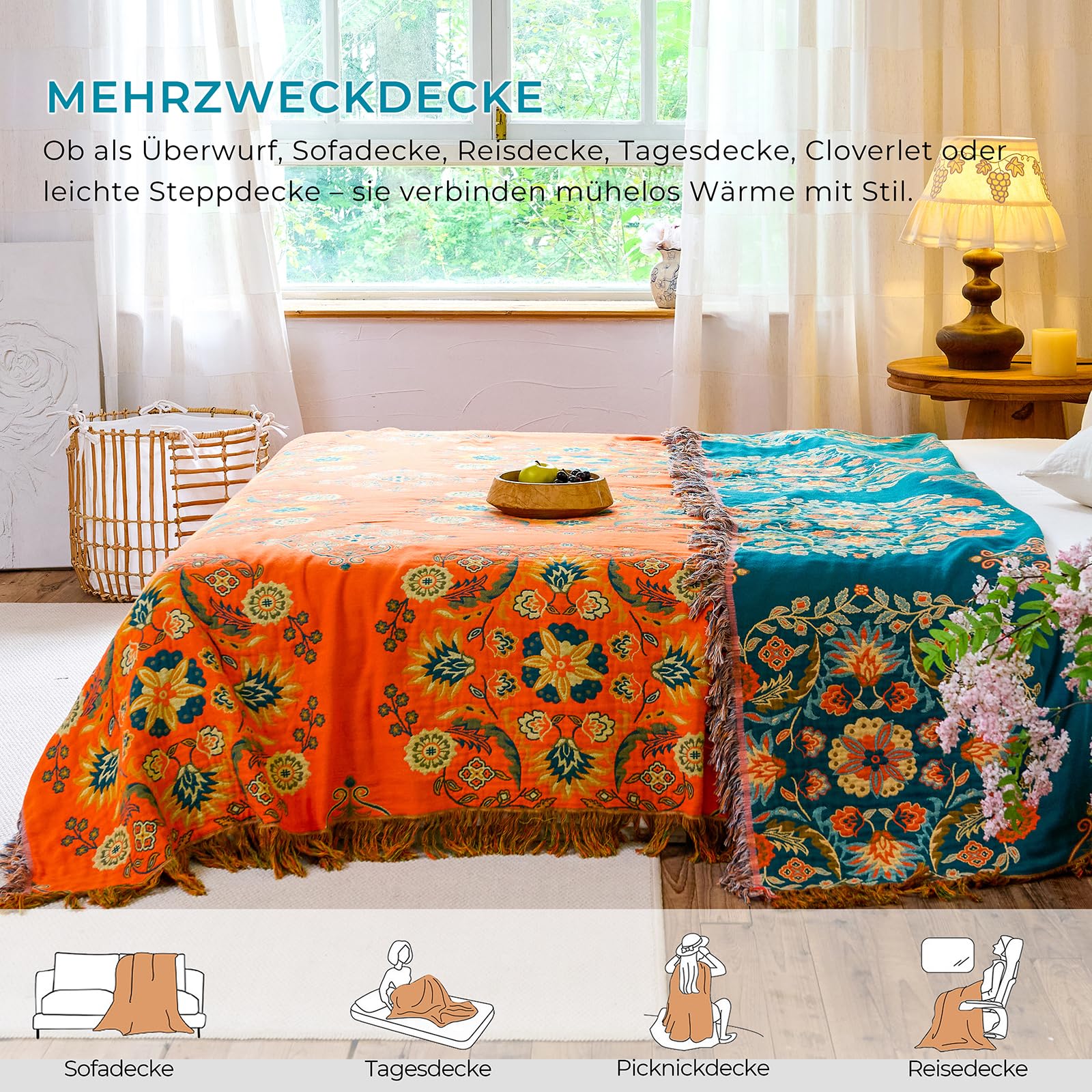 HOORDRY Colcha de algodón, manta para sofá con estampado, 150 x 200 cm, de doble cara, estilo bohemio, reversible, para ver la televisión o en la silla, cama individual