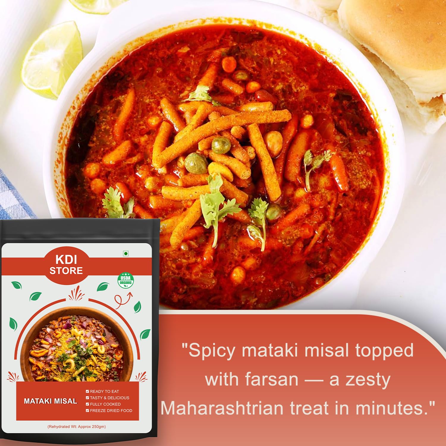KDI Store Mataki Misal, Ready to Eat Indian Food, Spicy Maharashtrian Snack, USDA Organic, Fully Cooked, Freeze Dried, 80g