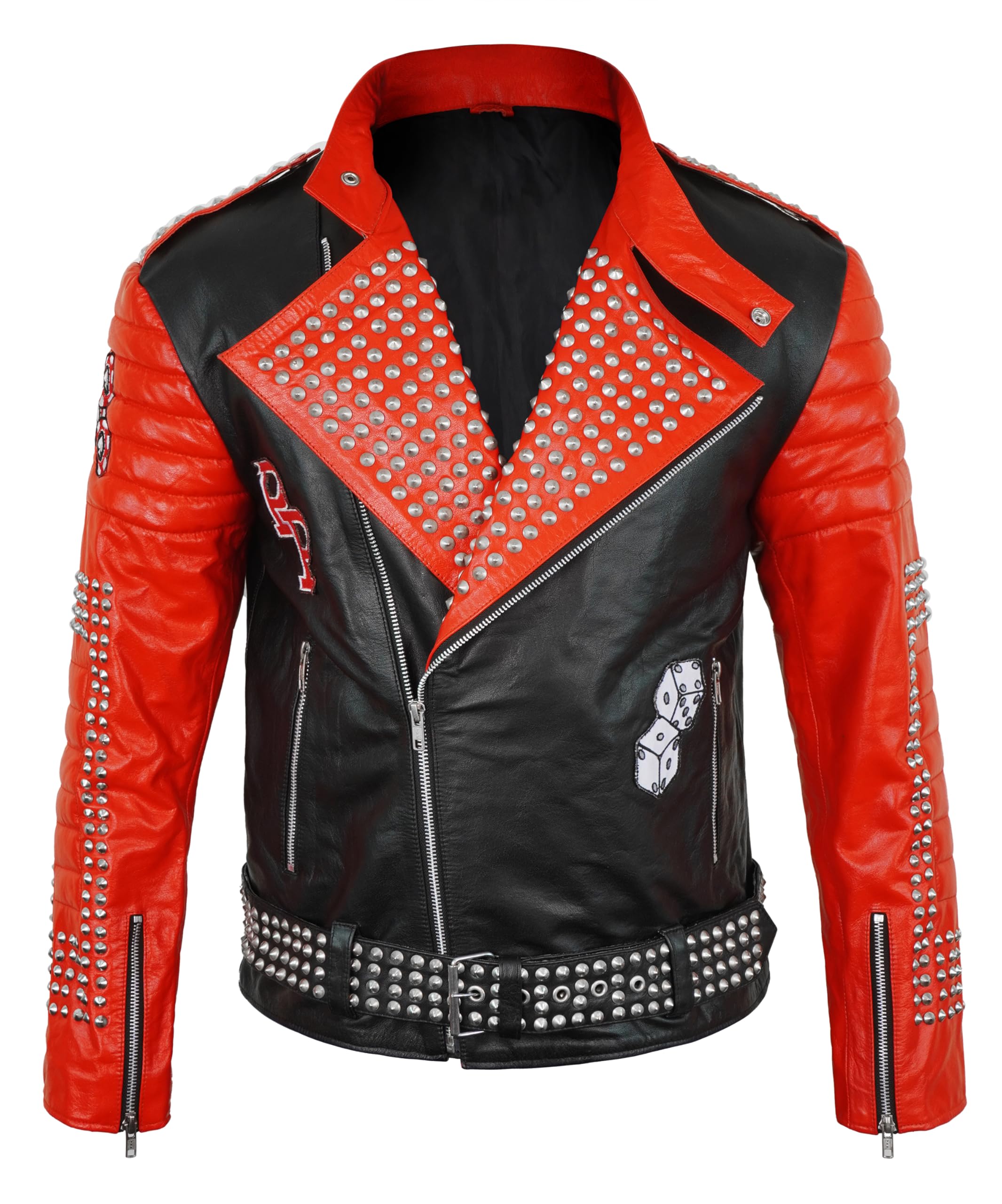 III-Fashions Red & Black Leather Motorcycle Jacket – Men’s Racing Biker PP studded Coat, bold Pel-le Streetwear Style