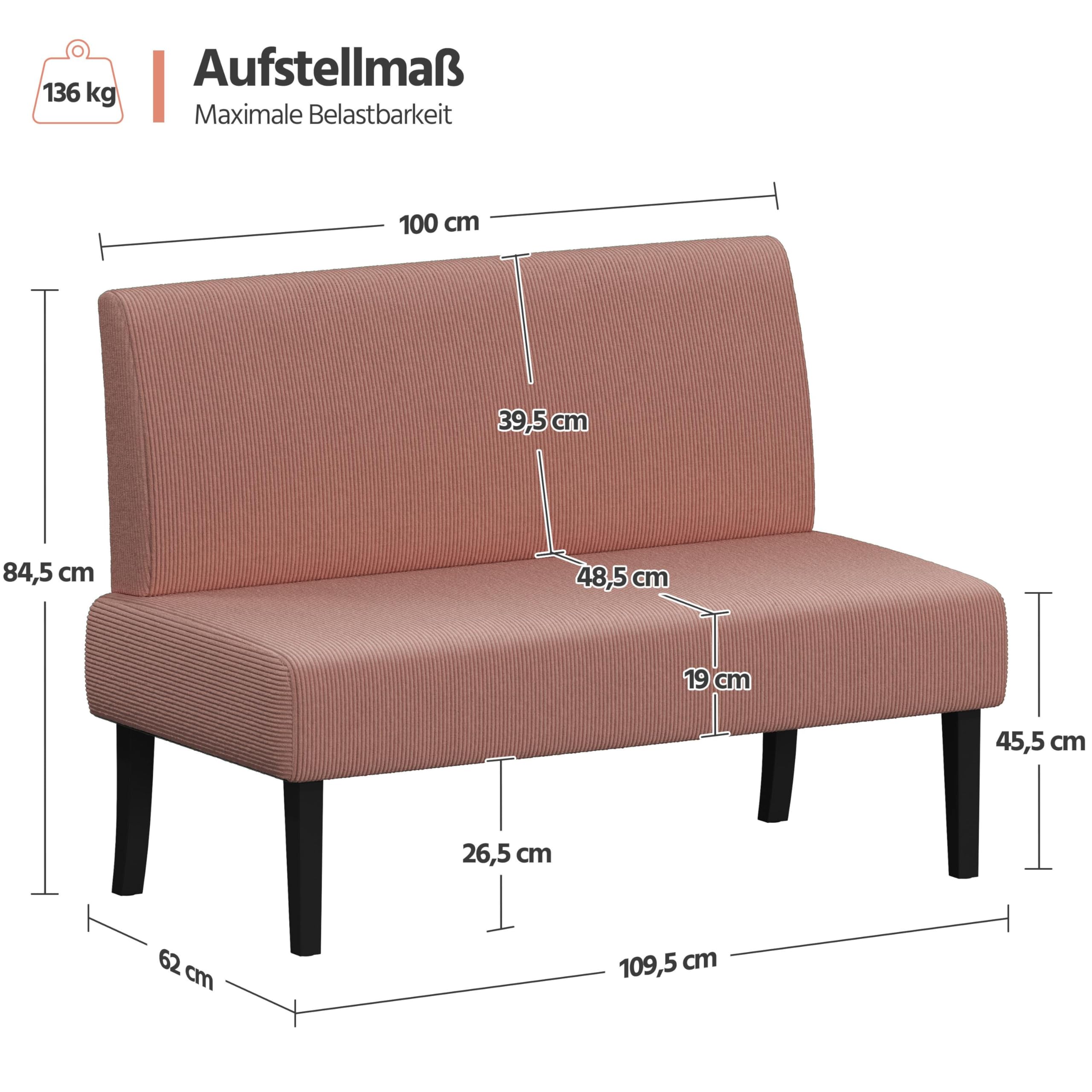 Yaheetech Küchensofa 2-sitzer Sitzbank Polstersofa aus Cordstoff Doppelsofa ohne Armlehnen Stoffsofa Loungesofa fürs Wohnzimmer/Eingangsbereich/Büro, Rosa
