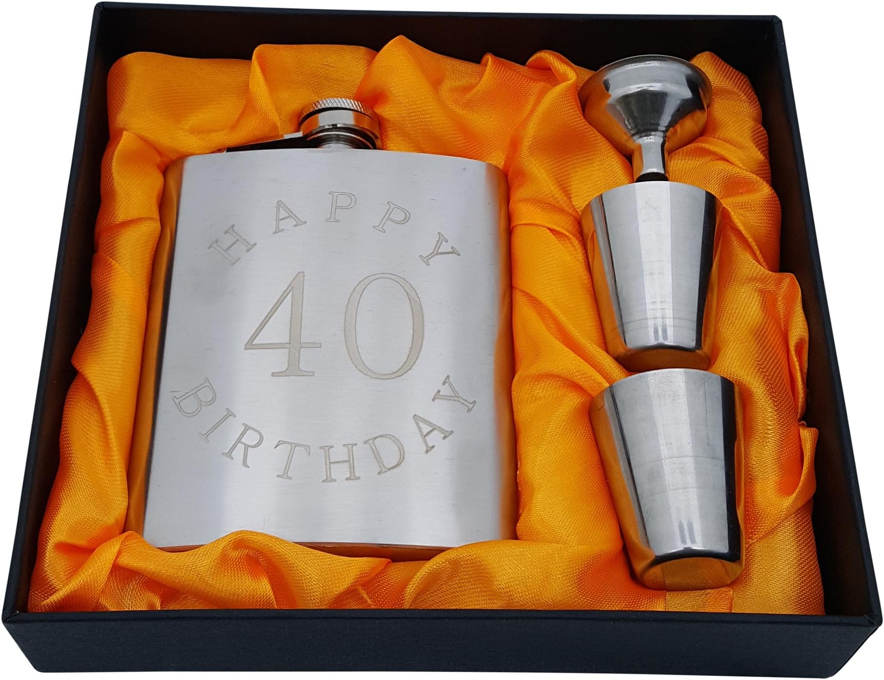 40th Birthday Flask Gift Set - 7 oz Flask Engraved with Happy 40 Birthday