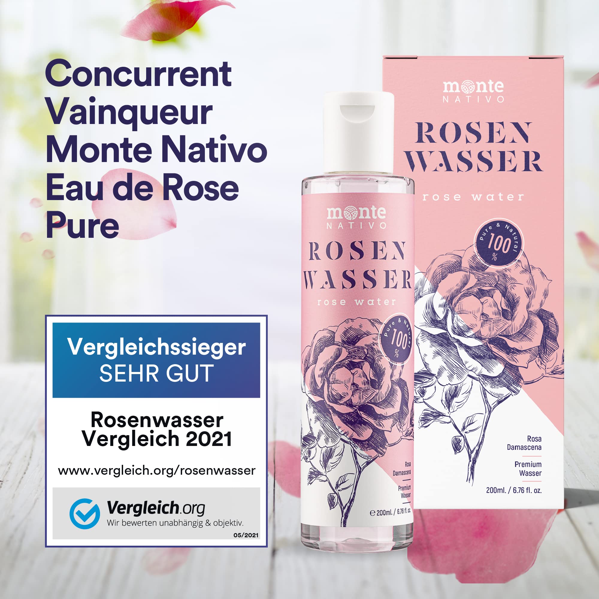 100% Pure Eau de Rose MonteNativo - 2x500ml - 100% Bio et Naturel, Lotion Tonifiante pour le visage, Hydrolat naturel de rose, Triple purification, eau florale de rose