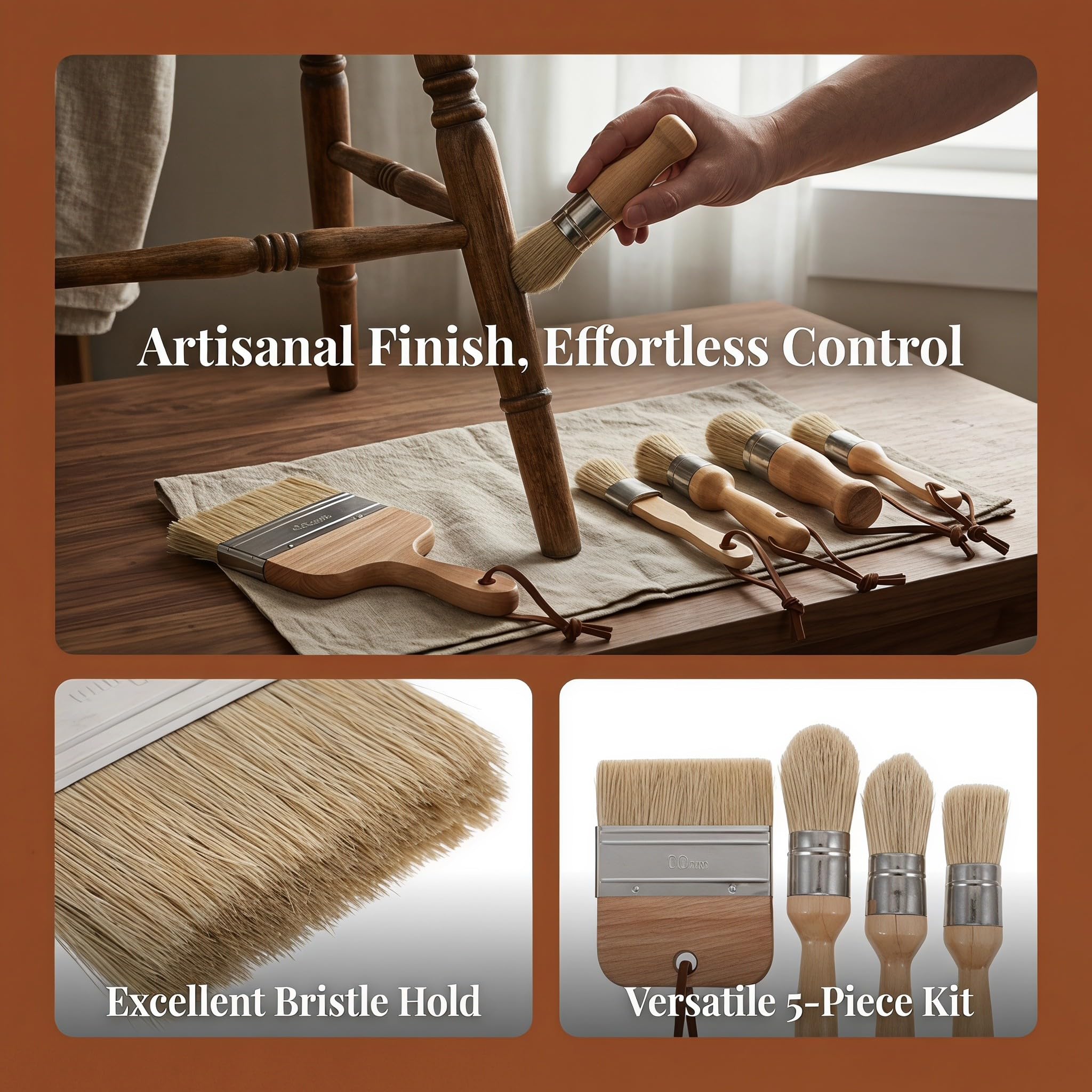 Operitacx Juego de 5 Pinceles para Pintura a la Cera - Pinceles de cerdas de jabalí para Pintura - Suministros para de Muebles - Herramientas Profesionales para la aplicación de en cómodas,