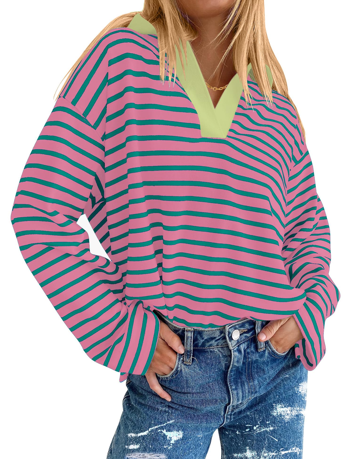 AKEWEI Collared Striped Shirt for Womens V Neck Long Sleeve Tops Oversized Casual Shirts for Women