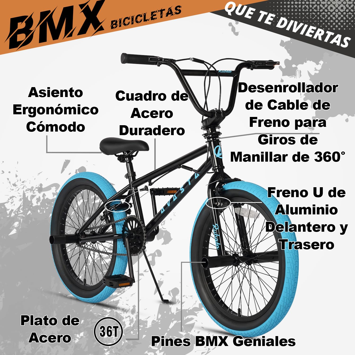 AVASTA Bicicleta BMX Estilo Libre para niños de 20 Pulgadas, para niños de 6 7 8 9 10 11 12 13 14 años, niñas, Adolescentes Principiantes con 4 Clavijas y giroscopio de 360 ​​Grados, Negro y Azul
