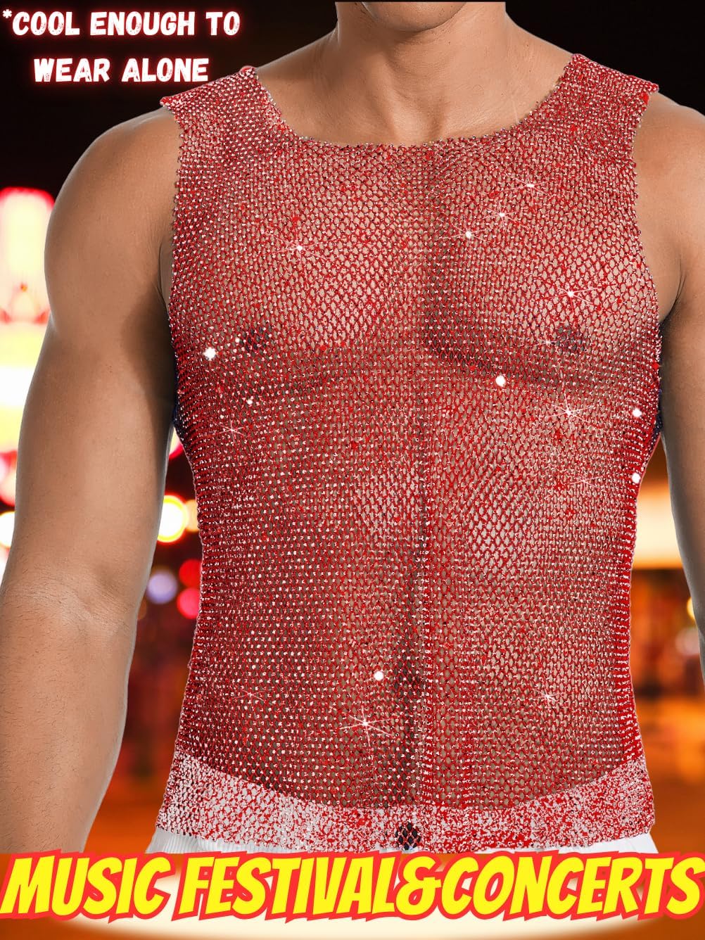 Rhinestones Rave Outfits, Sparkly Mesh Tank Tops, Men's Sexy Sheer Fishnet Shirt for Music Festival - Image 6