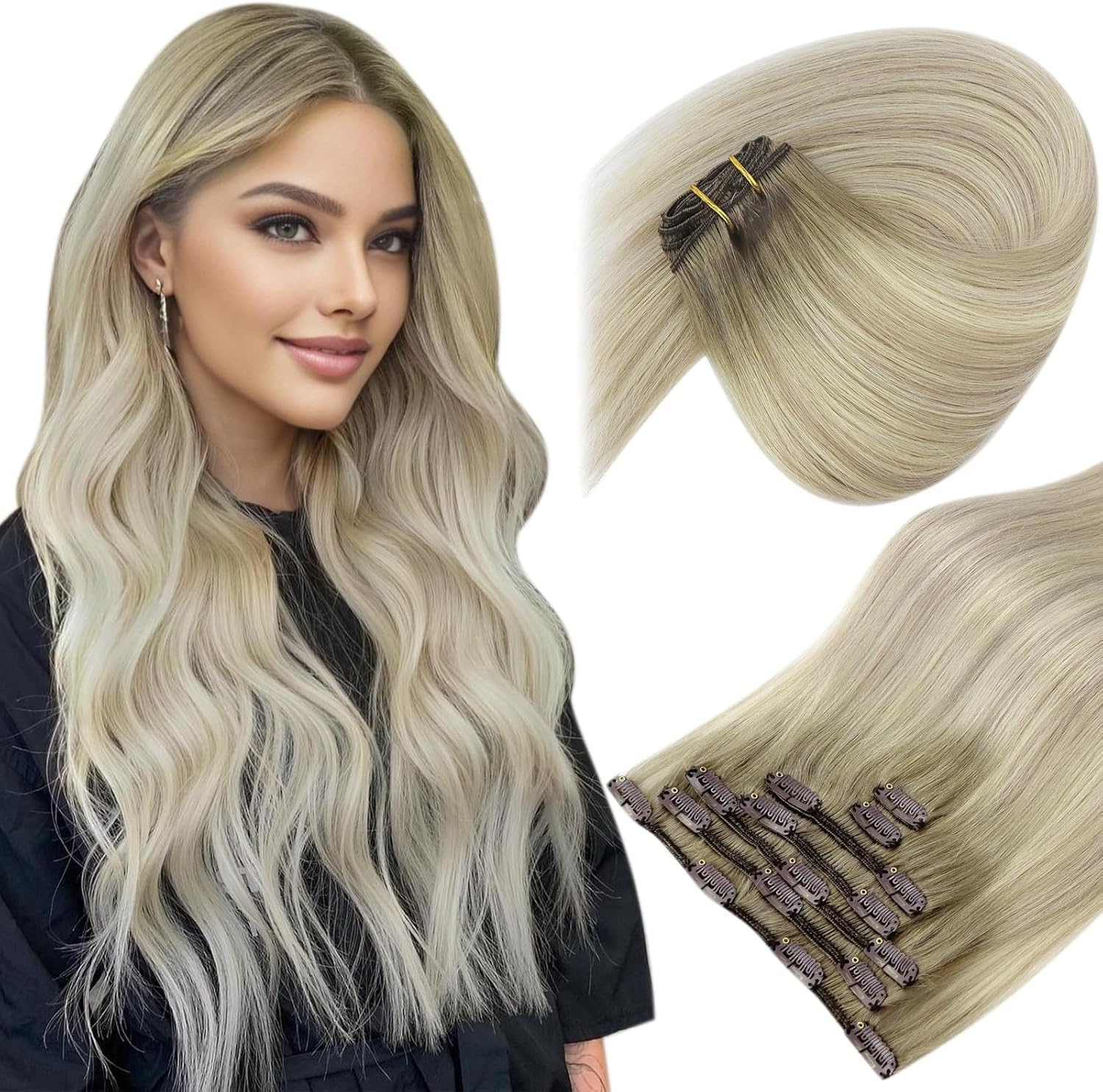 Sunny Clip in Hair Extensions Real Human Hair Ash Blonde