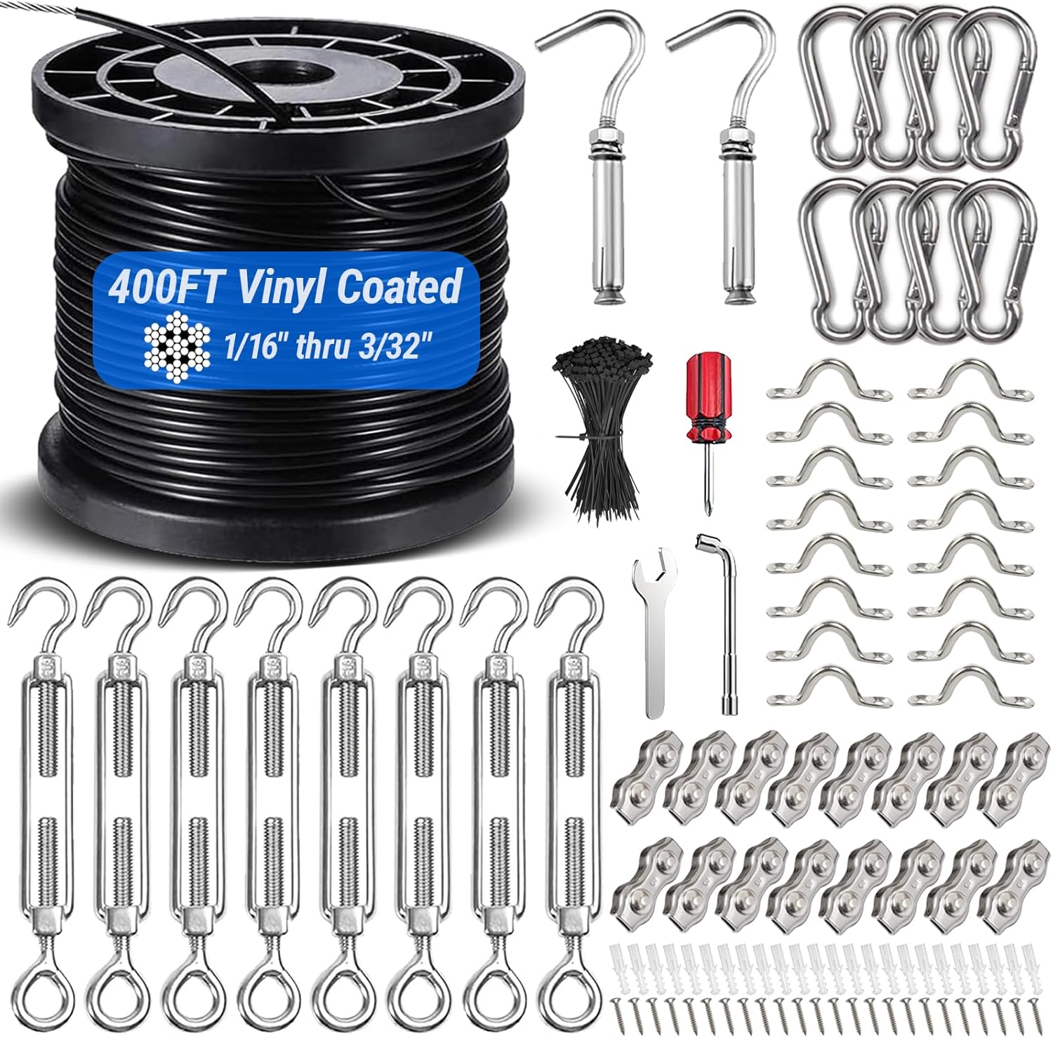 String Light Hanging Kit with 400FT Vinyl Coated 304 Stainless Steel Wire Rope, Globe String Light Suspension Kit, Outdoor Light Guide Wire Kit Included Turnbuckles, Enough Accessories, Use Manual