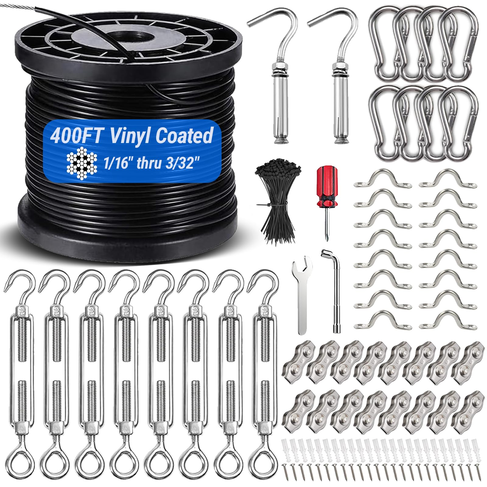 String Light Hanging Kit with 400FT Vinyl Coated 304 Stainless Steel Wire Rope, Globe String Light Suspension Kit, Outdoor Light Guide Wire Kit Included Turnbuckles, Enough Accessories, Use Manual