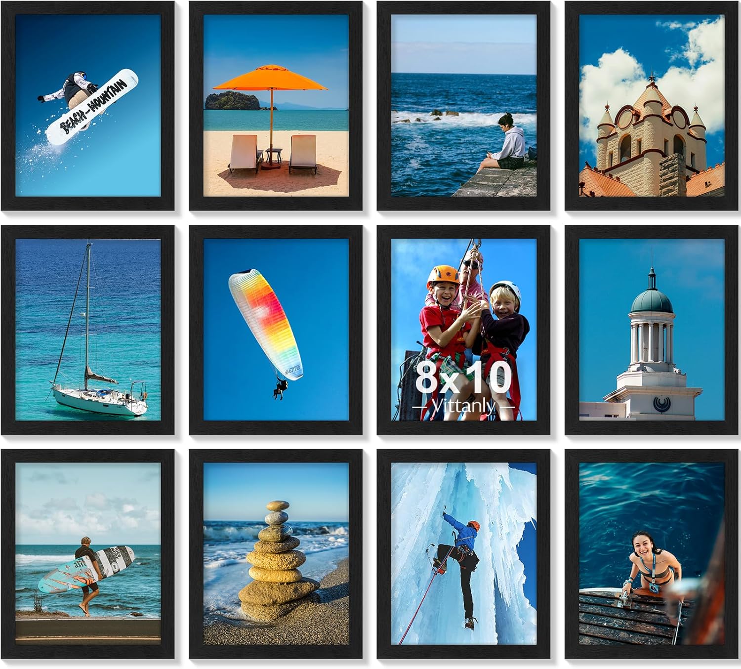 Vittanly 8x10 Picture Frames Set of 12, Display 5x7 Pictures with Mat or 8x10 without Mat, Engineered Wood with Shatter Resistant Plexiglass, Wall or Tabletop Photo Frames, Black