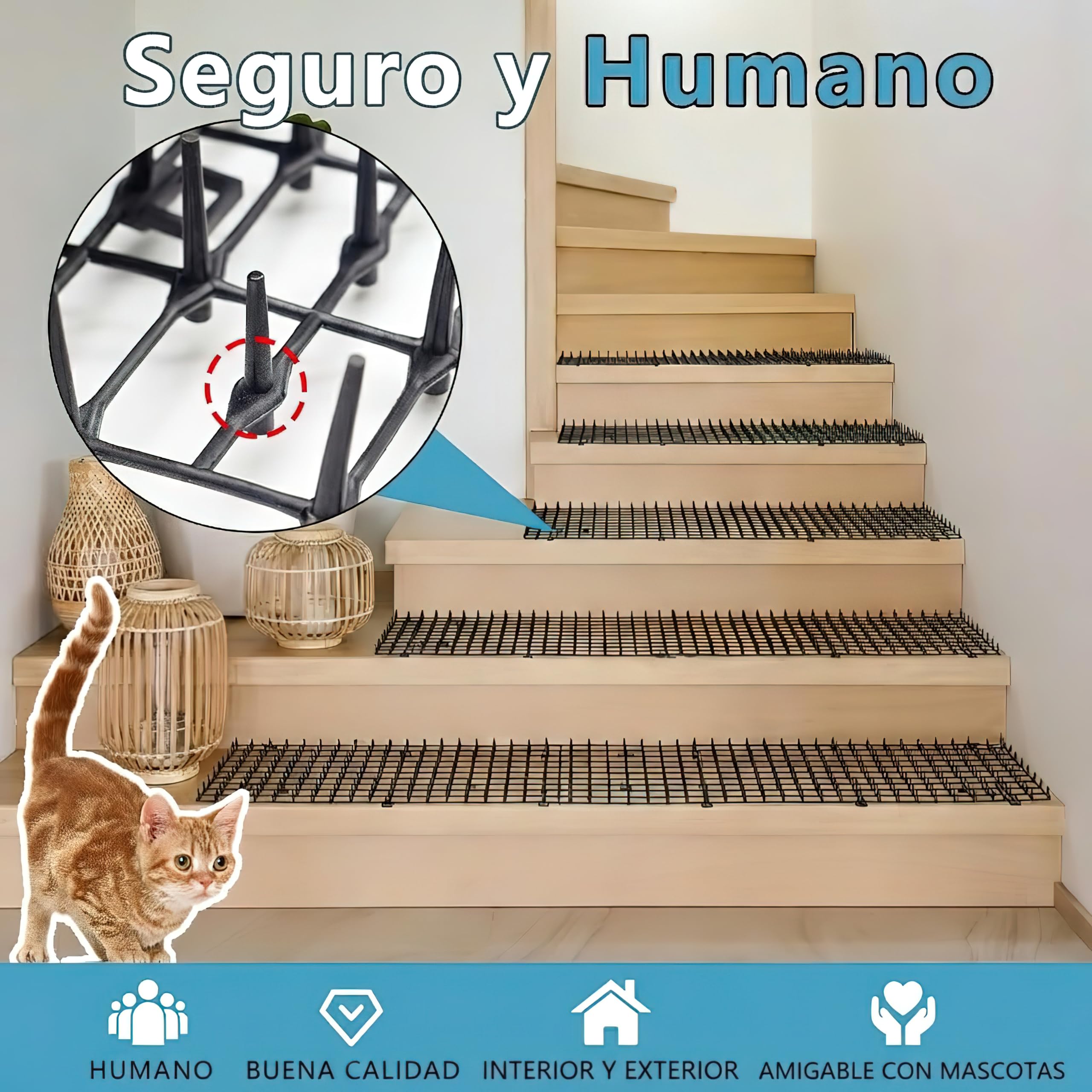 Alfombrilla Repelente de Mascotas, Blanca, 1,98 m con 8 Estacas para el Suelo 8 Bridas, Alfombrilla Repelente de Gatos con Púas Suaves para Jardín/Patio Trasero, Alfombrilla Disuasoria de