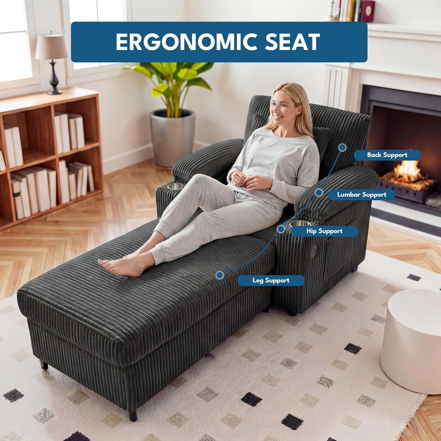 Oversized Boneless Chaise Lounge Chair Indoor with Removable Ottoman, 2-in-1 Sleeper Chair Bed with Storage Armrest & Fast Charging, Corduroy Upholstered Lounge Sofa for Living Room,Dark Grey