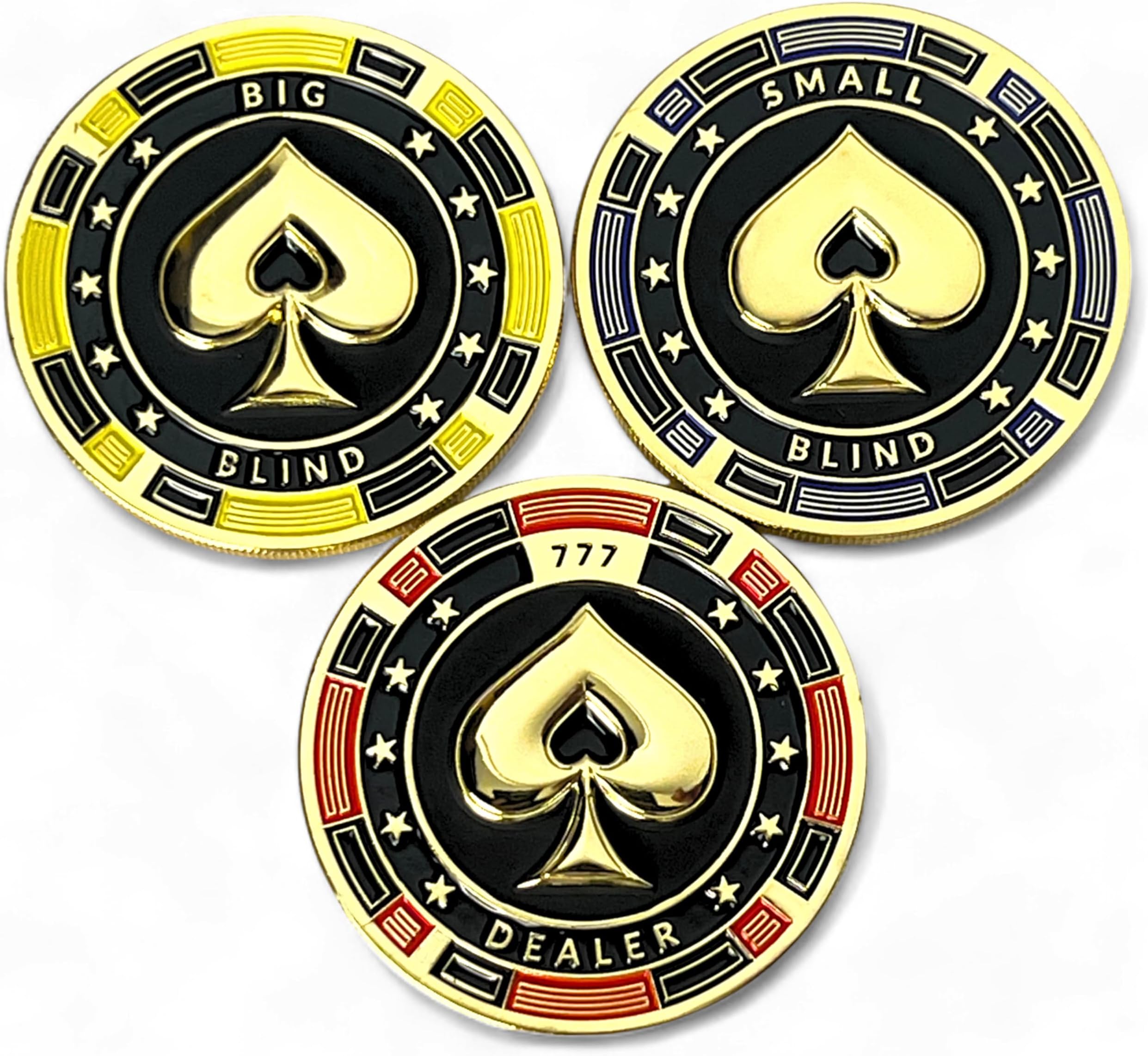 Luck Lab Set of 3 Metal Poker Buttons - Dealer Button, Big Blind and Small Bl...