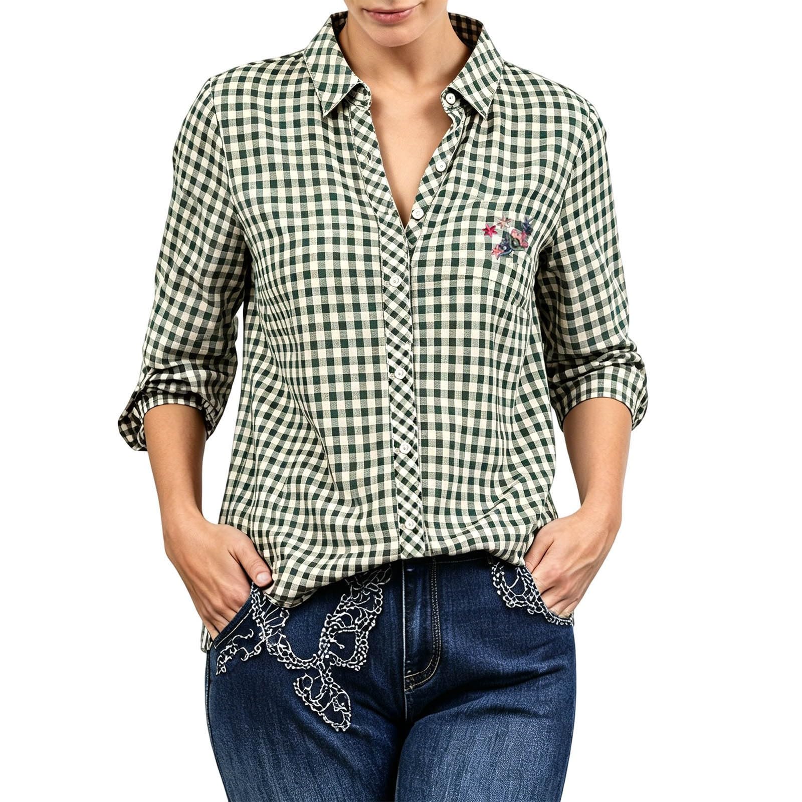 Generisch Kariertes Trachtenbluse Damen Trachtenhemd Oktoberfest 3/4 Ärmel Rot Weiß Gingham Bluse Hemd für Dirndl