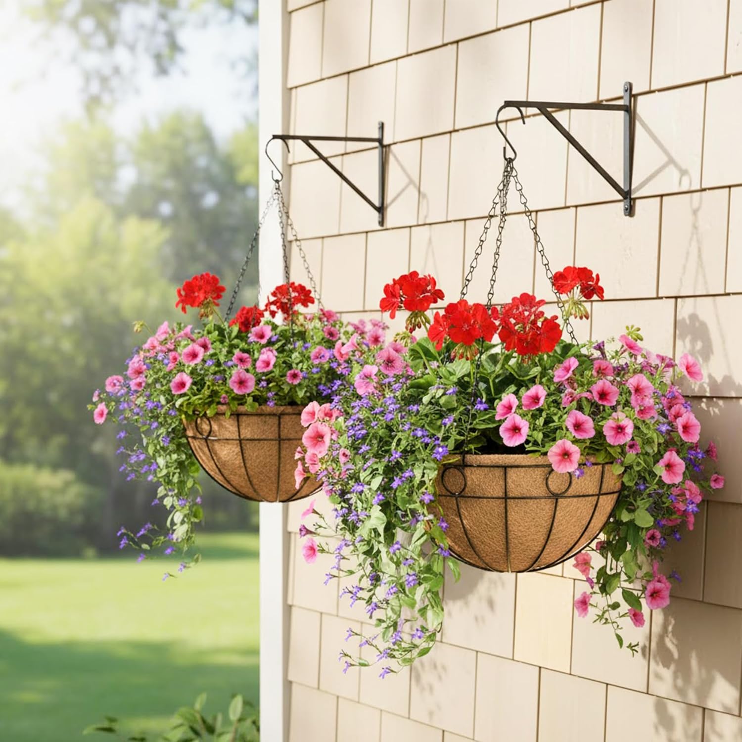 Outdoor Hanging Planter(4-Pack) Black Metal Hanging Baskets with Coconut Fiber Lining 12 inch Round Chain Flower Pots for Patio Garden Greenery Decoration