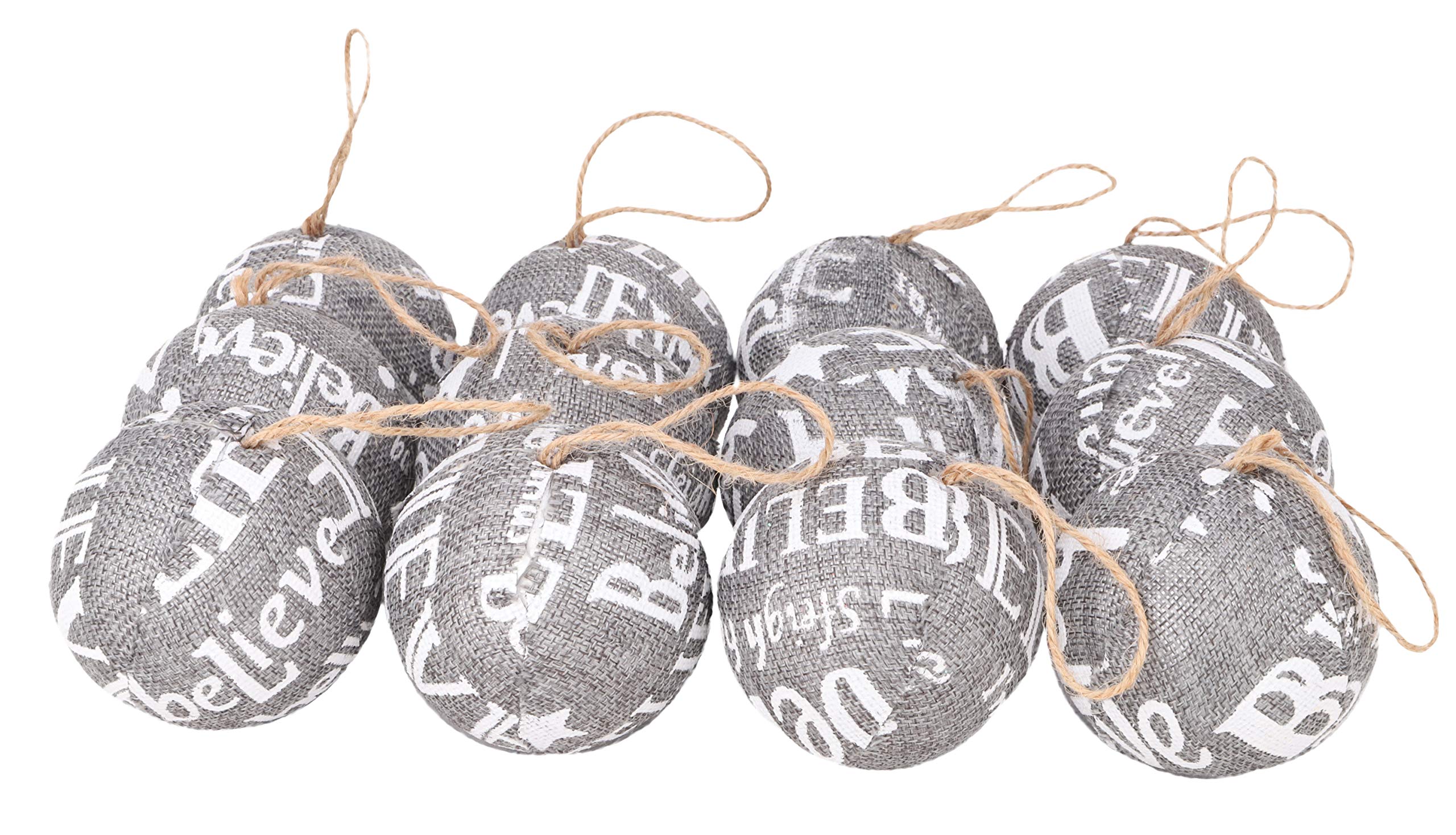 Toyland Grey Toyland® Set Of 12-8Cm Christmas Baubles - Fabric Covered Baubles With White Wording "Believe" - Christmas Tree Decorations (Grey)