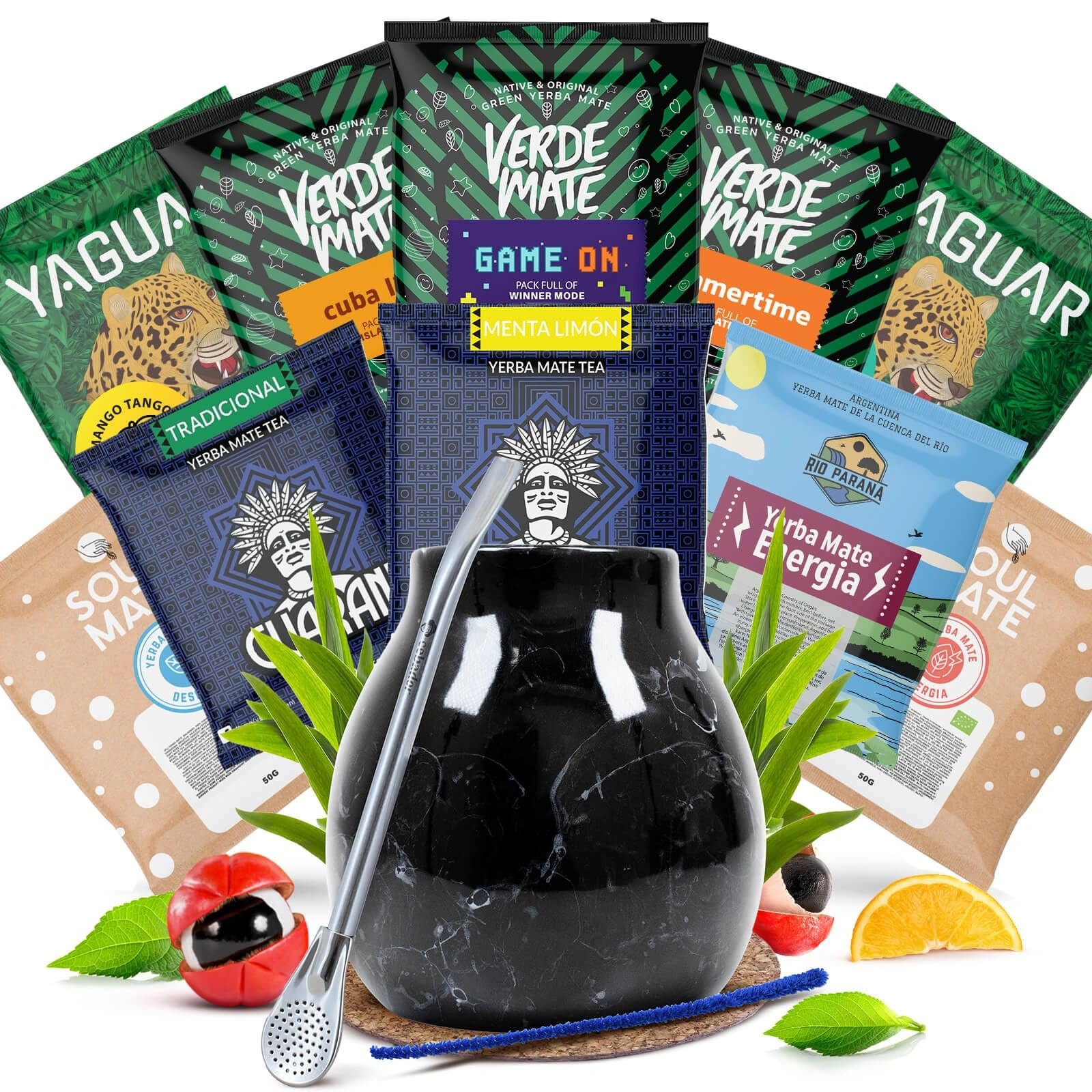 Yerba Mate Komplettset mit Keramik Calebasse Smoked Black, Bombilla und 10 Proben 50 g – Klassische, aromatisierte und energiegebende Auswahl zum Kennenlernen