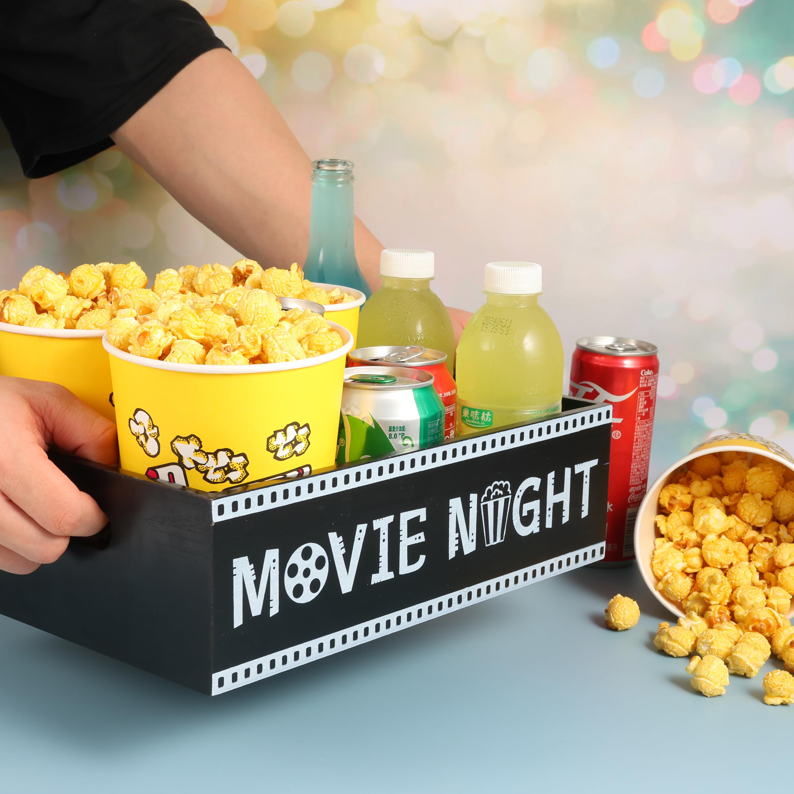 Bandeja de aperitivos de noche de cine, organizador de aperitivos de madera con asa, soporte de aperitivos de granja para encimera, cesta de almacenamiento de aperitivos, contenedores de