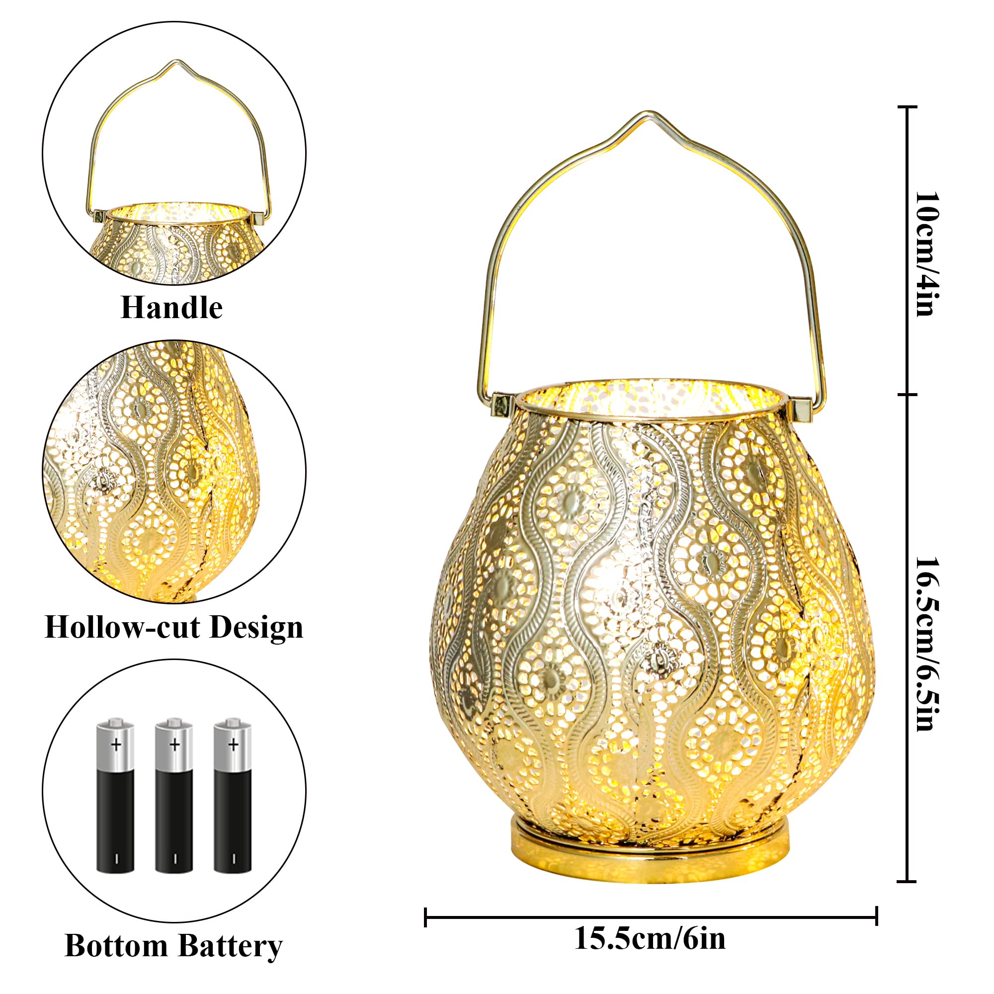 TRIROCKS Juego de 2 lámparas de mesa decorativas marroquíes de metal de 26 cm de alto, linternas inalámbricas con luces de hadas para el hogar, sala de estar, jardín, patio, fiesta, eventos, mesa