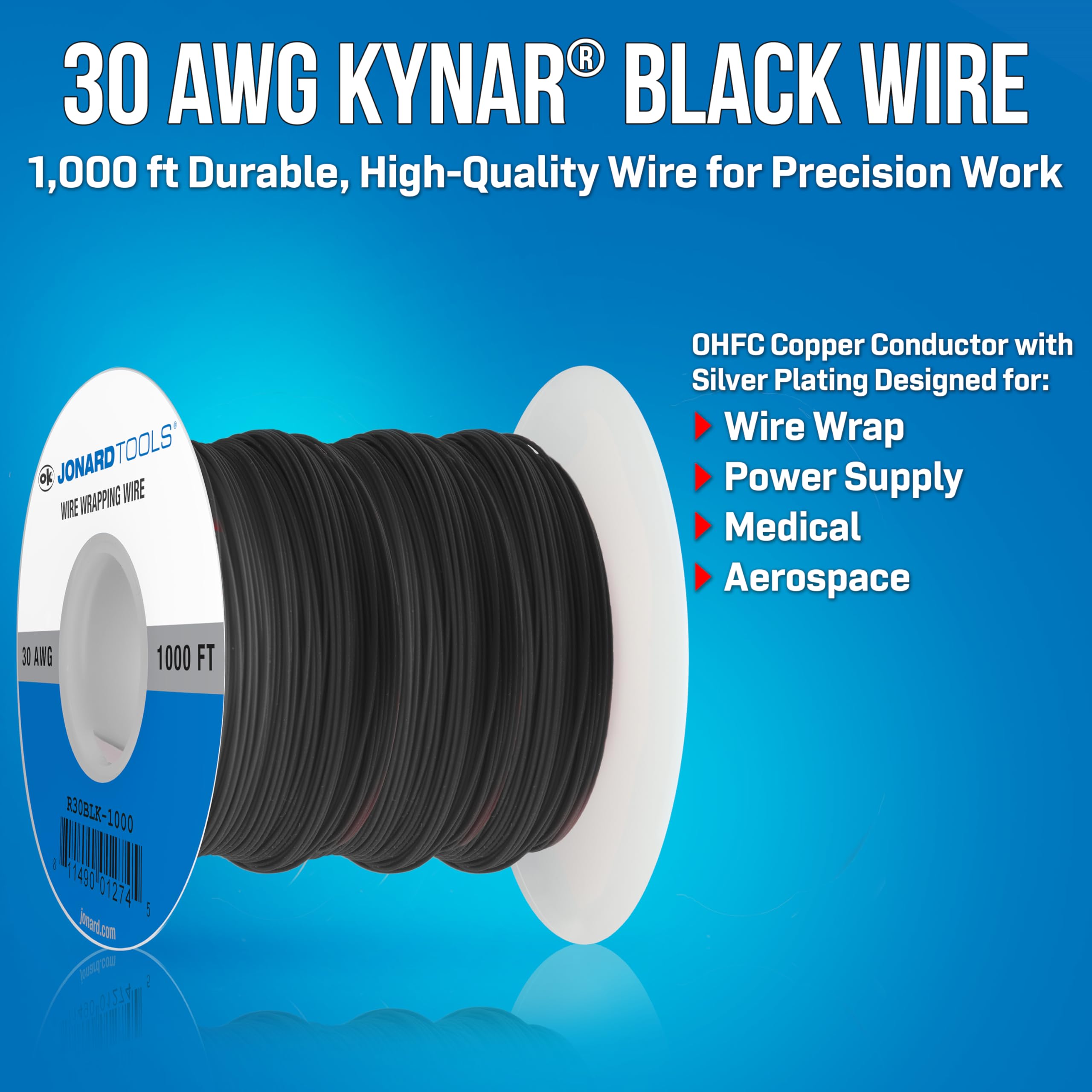 Jonard Tools R30BLK-1000 Kynar Insulated Silver Plated Copper Wire, 30 AWG Size, 0.0195" Insulation Diameter, 1000' Length, Black - Image 2