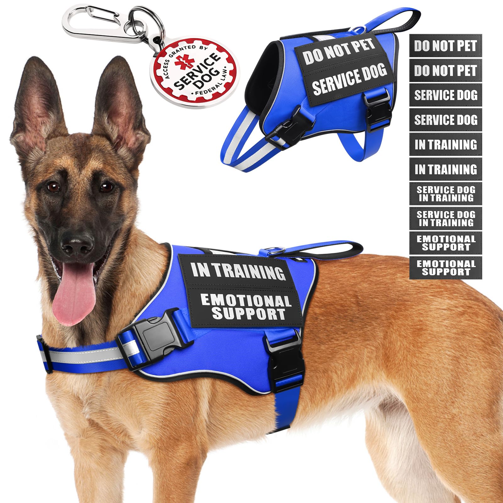 MOOGROU Service Dog Vest Harness+ID Tag+10 Patches,Metal Serivce Dog Tag&Reflective Emotional Support Dog Vest with Handle for Large Dogs,Easy Put On/