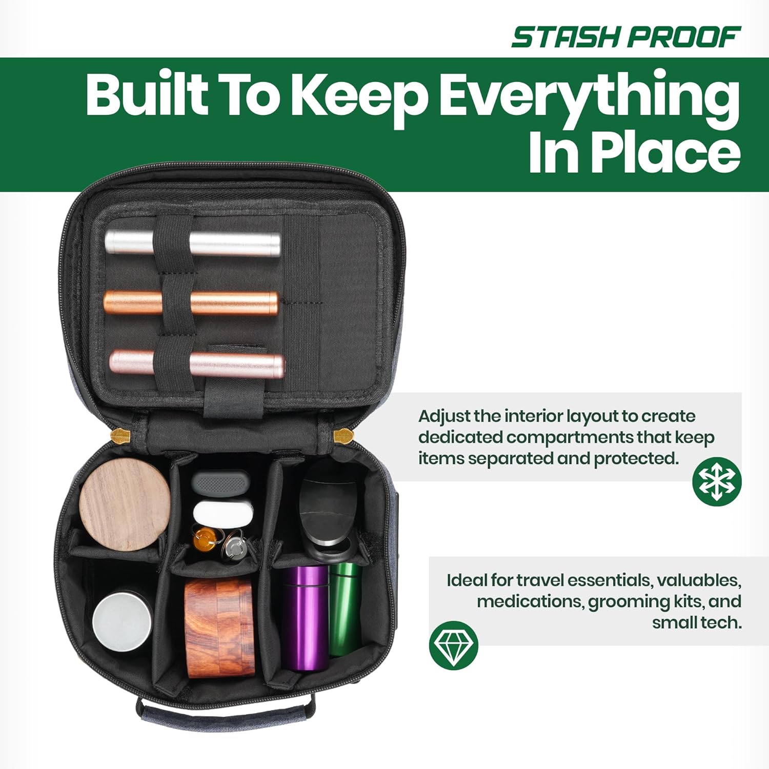 Storage Case with TSA Combination Portable Lock Bag, Carbon Lined Medicine Lockable Box, Travel Pack & Home Secured odor-resistant Organizer Divider Jars Accessories, Removable Tray (Blue)