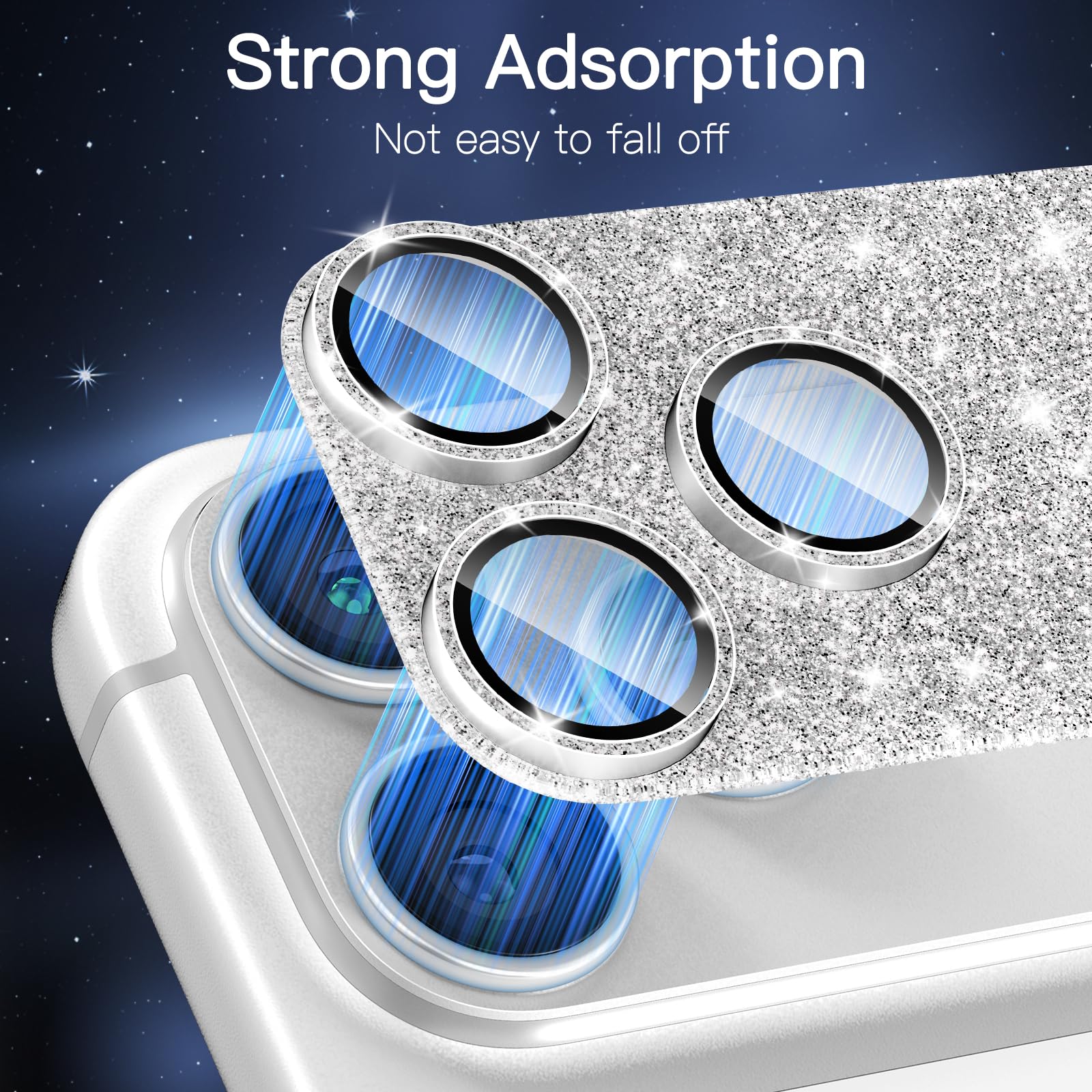 [2 Pack Bling Kamera Objektiv Bildschirmschutz für iPhone 17 Pro Max mit 9H gehärtetes Glas Luftfahrt Aluminium Platte Abdeckung Metallring, Nachtkreis, HD Klarheit-Glitter Silber