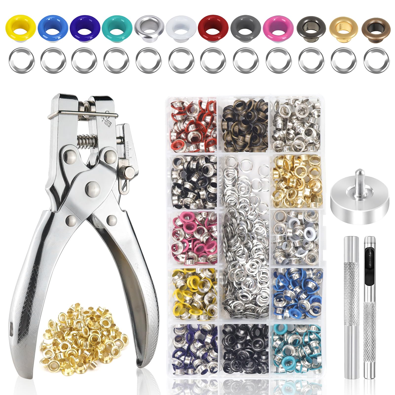 Juego de alicates para ojales con 700 ojales (5 mm de diámetro, 13 colores), kit de herramientas para lonas, lonas, cuero, tiendas de campaña, toldos, tela de manualidades