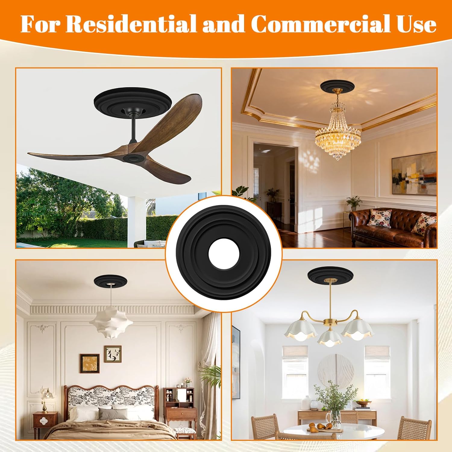 2 Pack Ceiling Medallion for Light Fixtures and Ceiling Fans, 12" OD x 4" ID x 1"P Molded PU Decorative Ceiling Medallions Plate (Black)
