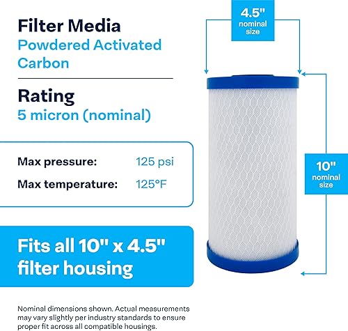 Miniatura 3 de SpiroPure Repuesto para cartucho de filtro de agua de carbono NSF 155548-43 CB-45-1005 10x4.5 5 micras (paquete de 6)