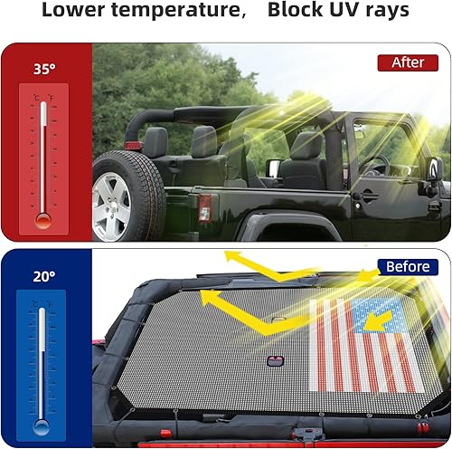 Miniatura 7 de RT-TCZ Parasol para Wrangler JK de malla superior para Jeep Wrangler JK JKU 4 puertas 2007-2017 bandera estadounidense negra y roja