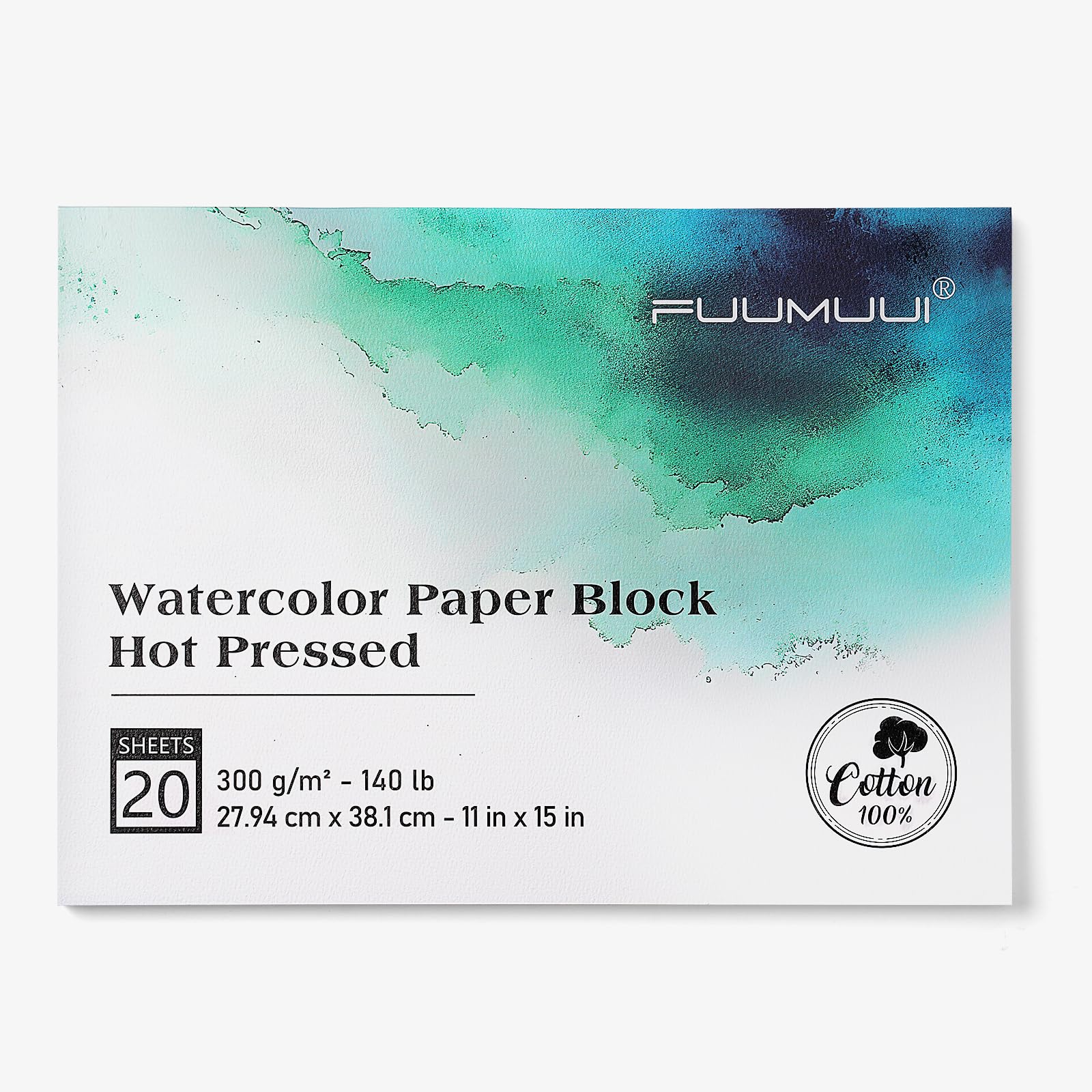 Fuumuui Watercolor Paper Block 11x15 Inch, 100% Cotton, 20 Sheets, Hot Pressed, 300gsm/140lb, Acid-Free for Fine Art & Detail Painting