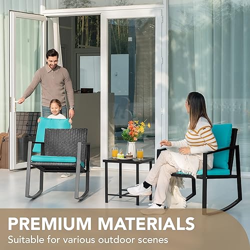 Vista 4 de Devoko, Rocking Bistro - Juego o set de 3 piezas de mimbre para patio y exteriores, muebles para porche, sillas para conversar con mesa auxiliar