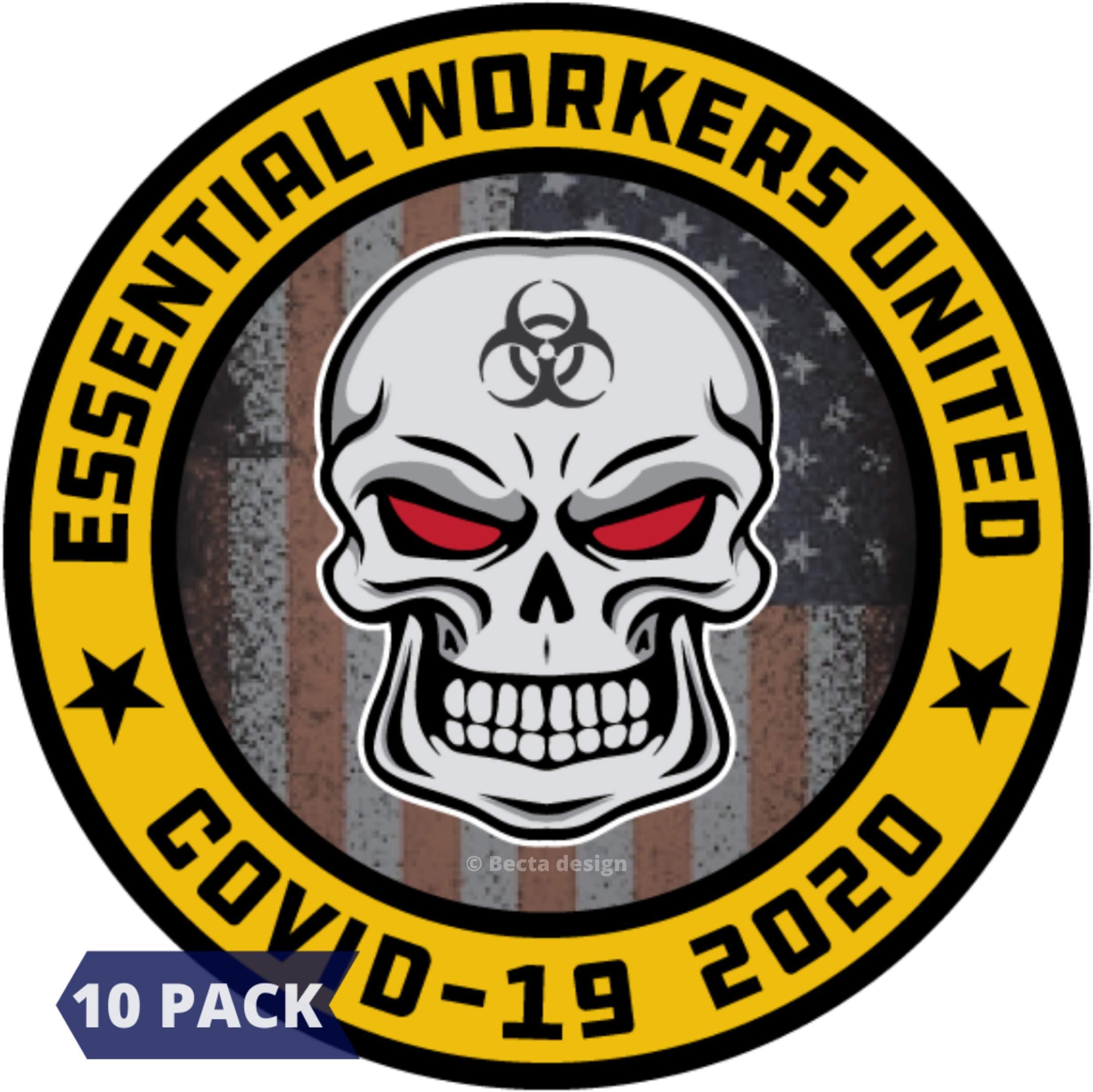 10 Pack Essential Worker Hard Hat Stickers by Becta Design - Limited Edition Patriotic Sticker Design for American Workers - 2 Inch Helmet Decals for Entire Work Team or Construction Crew