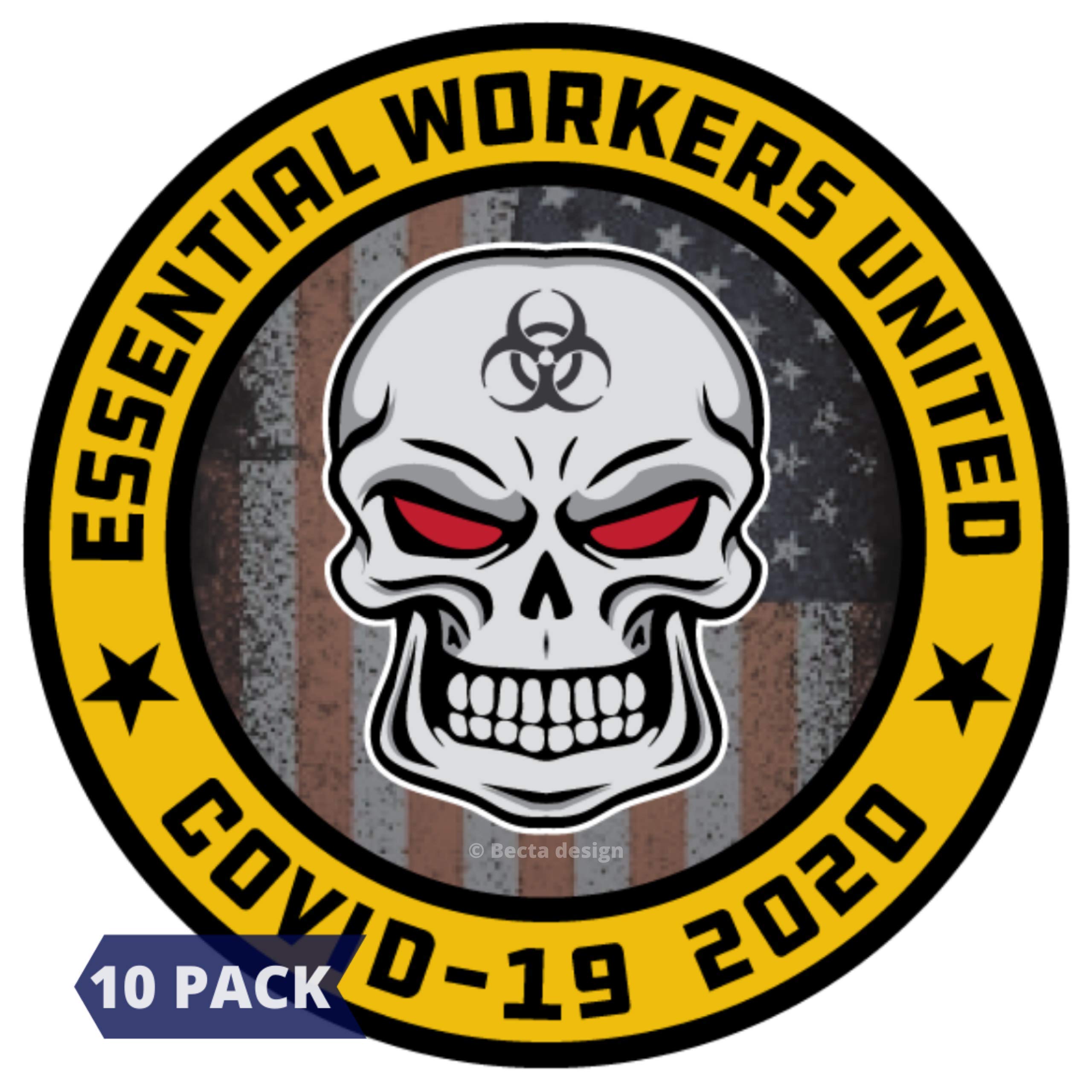 10 Pack Essential Worker Hard Hat Stickers by Becta Design - Limited Edition Patriotic Sticker Design for American Workers - 2 Inch Helmet Decals for Entire Work Team or Construction Crew