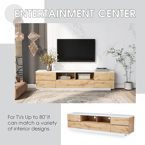 Miniatura 10 de Soporte de TV moderno de 77 pulgadas para televisores de hasta 80 pulgadas, centro de entretenimiento minimalista con 3 gabinetes y estantes