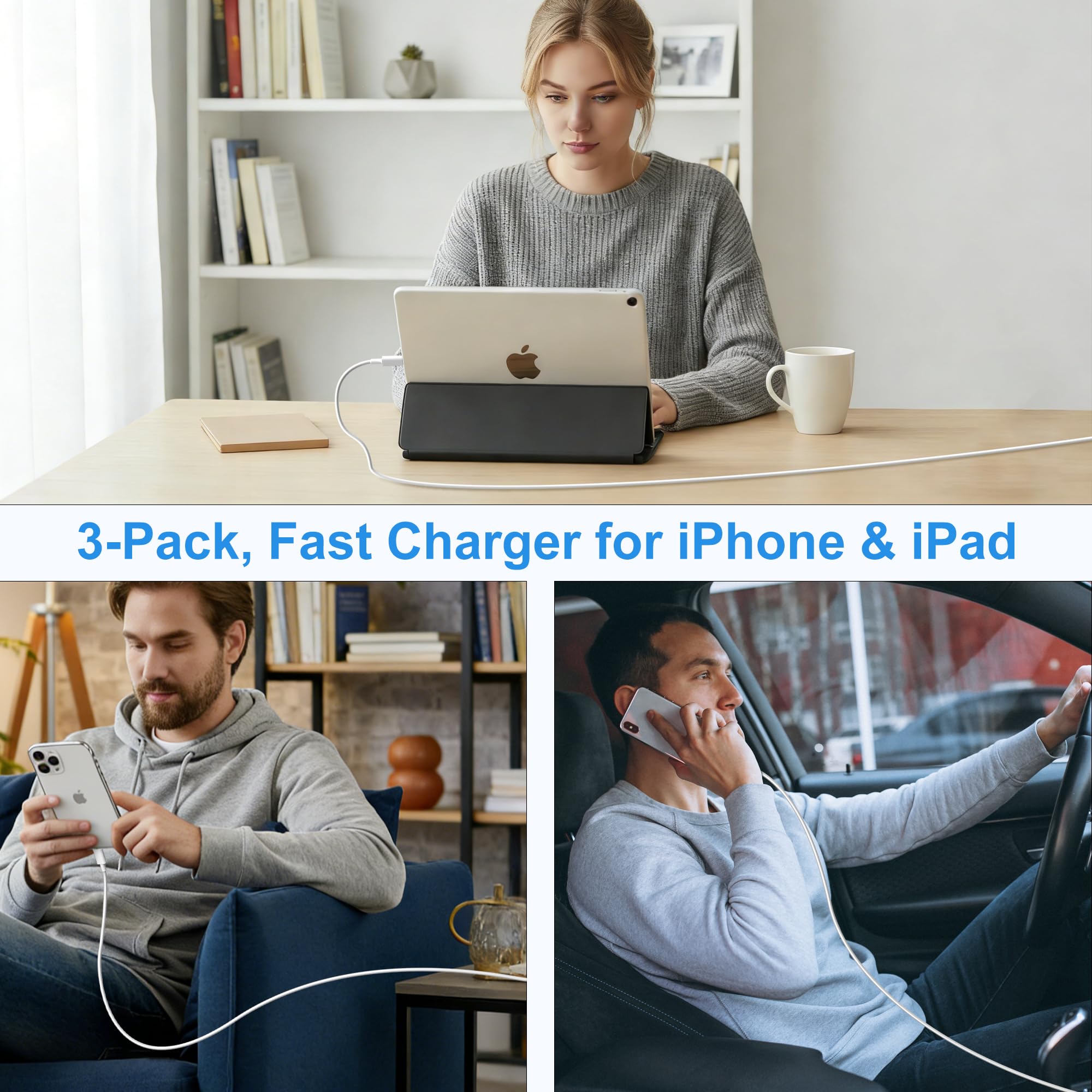 iPhone Charger Fast Charging【Apple MFi Certified】 3Pack USB-C Wall Charger Block with 6FT USB C to Lightning Cables for iPhone 14/14 Pro/14Pro Max/13/13 Pro/12/12 Pro/12 Pro Max/11/Xs Max/XR/X Type C — view 7