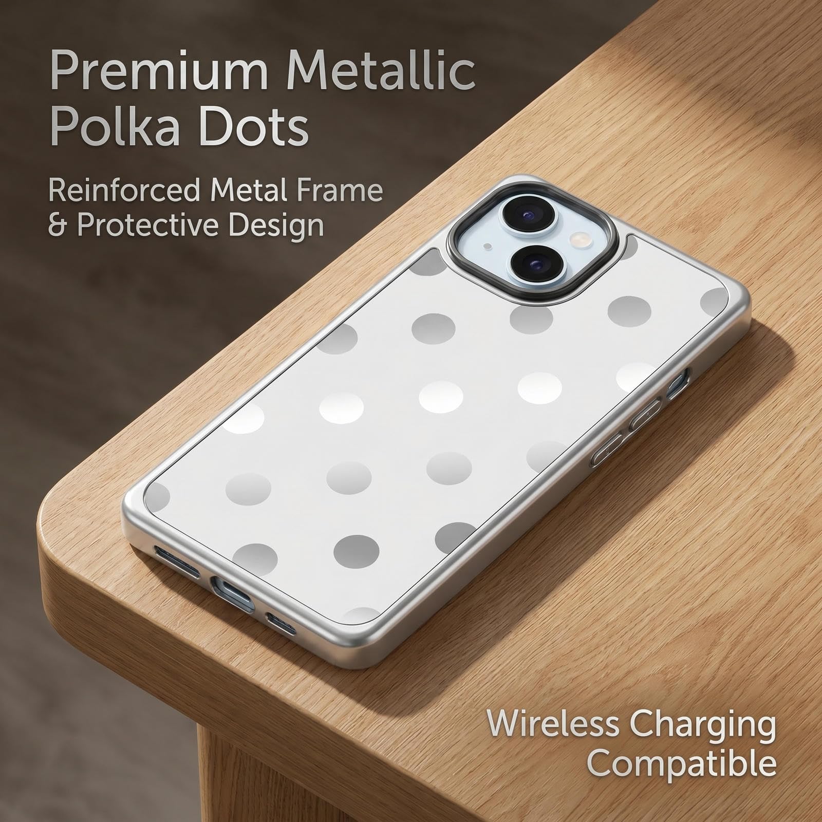 LCHULLE Funda para iPhone 15 con bonito diseño de lunares retro de espejo estético para mujeres y niñas con borde rectangular chapado en plata de lujo, delgada, simple y suave, a prueba de golpes