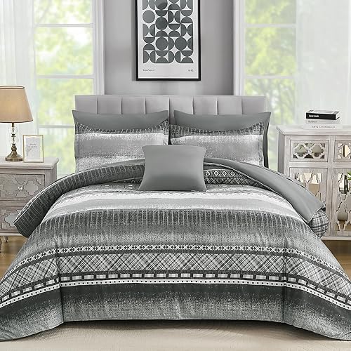 WONGS BEDDING 8 Piece King Size Comforter Set, Texture Striped Bed in a Bag Grey Comforter and Sheet Set, Boho Lightweight Microfiber Bedding Set for All Season (90"×104")