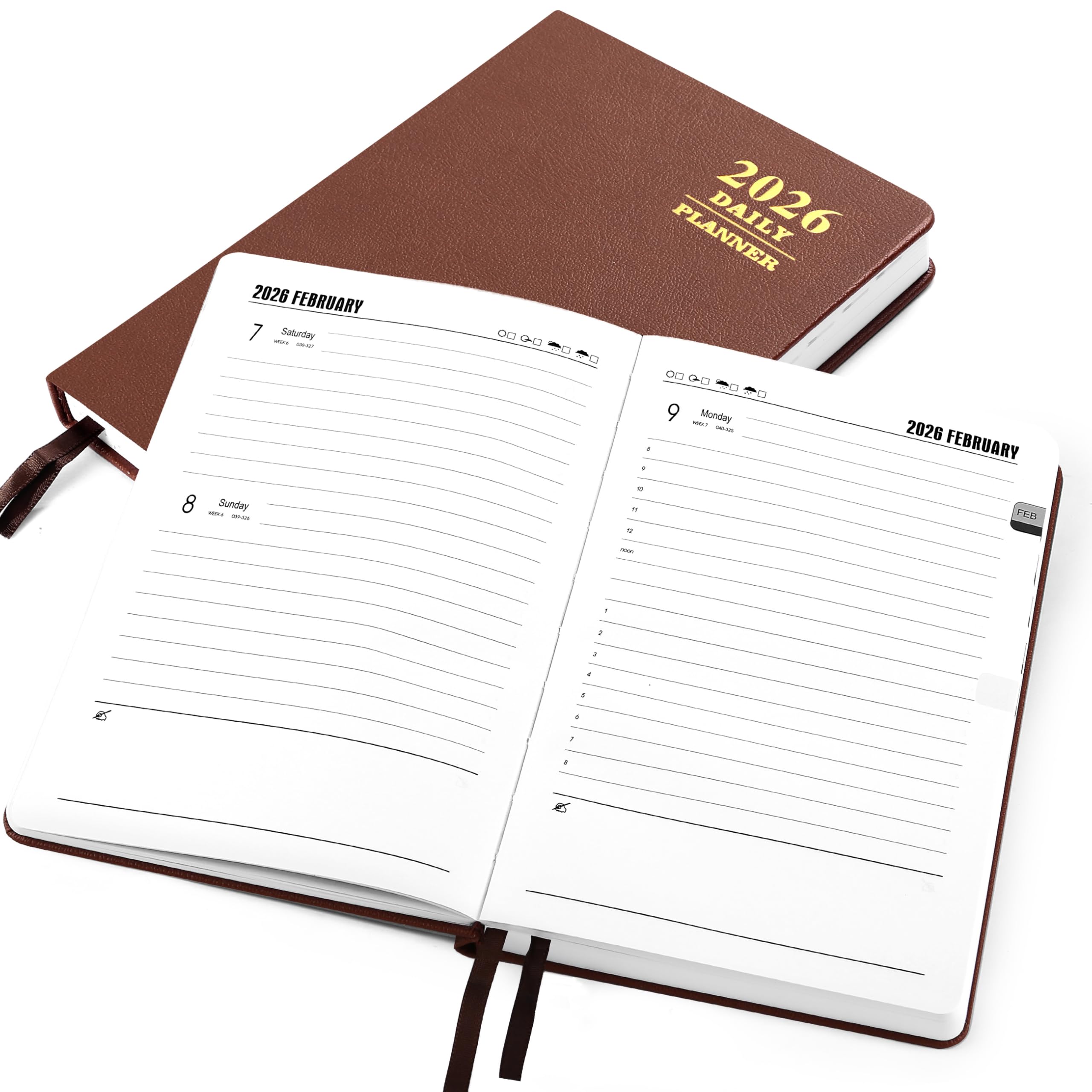 KESOTE 2026 Daily Hourly Planner - One Page a Day, 2026 Diary 5.7 x 8.3" Hardcover Weekly Monthly Planner Agenda 12 Month, A5 Diary Notebook Christmas Gift, Brown
